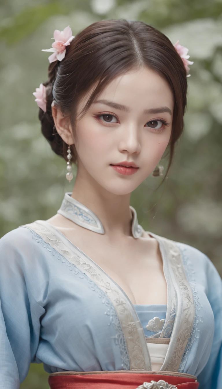 1 beautiful and cute reality show girl, Gentle young girl, Waist length hair, cabelos preto e longos，Slightly blue, Light blue eyes, wearing a long, Thin, a blue dress，Hanfu style, ((a blue dress，White lace border covers the girl's:0.8)), Style Hanfu, Wearing an ancient Chinese silk shirt, Pink and smooth white skin, Dressed in a low-key antique Oday, appears shoulders and head in the photo,Cute little face, Eye bags under wet makeup, Plump red lips, Pout, ((Closed mouth:1.0)), Balance incisors, Embarrassed, Small face makeup explained，Tremendously beautiful, Breasts are super round and firm, Breasts are plump，A plump chest， Blum chest cabinet, ((Cover the girl's chest with a camisole inside:1.2)), Blush, From the front side, Wear earrings, choker necklace, From above, view the viewer, Upturned eyes,  Masterpiece, Top quality, Best quality, offcial art, Unity 8k wallpaper, A high resolution, Ultra-high RES, Ultra-detailed, (Photorealistic:1.2), Alone, Solo, only 1girl, Style Hanfu Dunhuang, 10x pixel, Super realistic, Ultra high quality, Full body view of girl,  Seven-doppelganger shot,