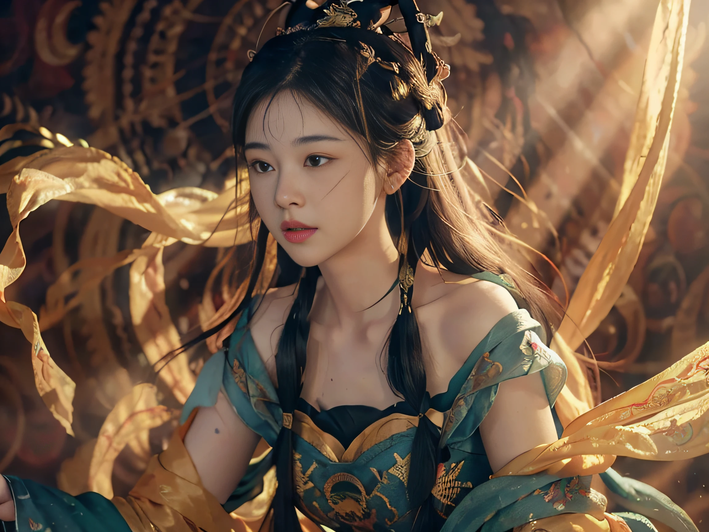 (RAW photo, best quality), (realistic, photo-realistic:1.3),best quality,highly detailed,masterpiece,ultra-detailed,illustration,1girl,upper_body,dynamic angle,world masterpiece theater,messy_long_hair,best quality,extremely detailed CG unity 8k wallpaper,ink,Amazing,cinematic lighting,lens_flare, dunhuang_style