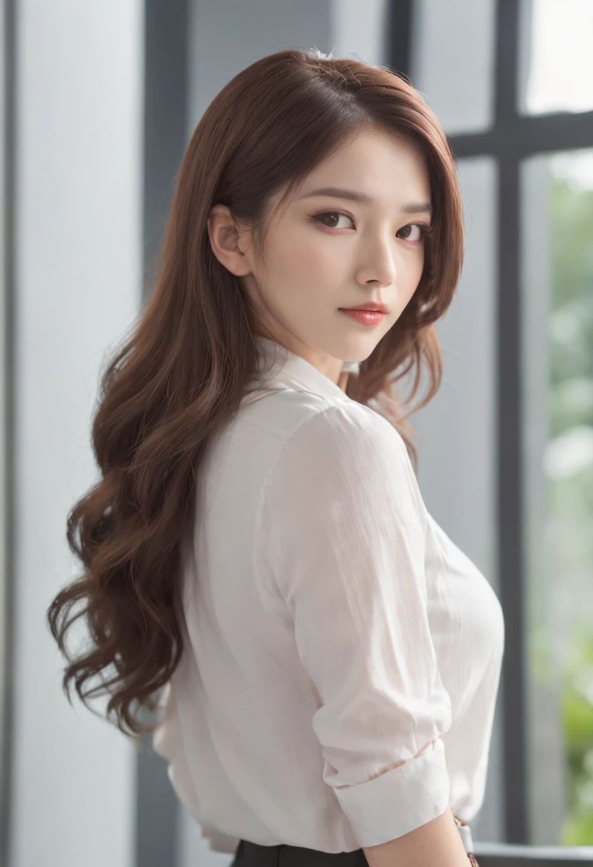 25 years old female, Soio, a secretary, stunningly beautiful, (top-quality、8K、32K、masterpiece、nffsw:1.3)、超A high resolution,(Photorealsitic:1.4),Raw photography, Detailed face,,Beautiful hair, White shirt,((Secretarial style)), thicc body, tight skirts、 Natural makeup, Breast cleavage, Inside the office, Detailed background, Perfect Lighting, depth of fields, Beautiful shadow gradient, ,