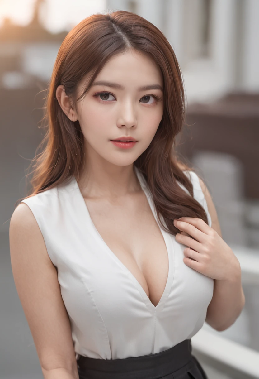 25 years old female, Soio, a secretary, stunningly beautiful, (top-quality、8K、32K、masterpiece、nffsw:1.3)、超A high resolution,(Photorealsitic:1.4),Raw photography, Detailed face,,Beautiful hair, White shirt,((Secretarial style)), thicc body, tight skirts、 Natural makeup, Breast cleavage, Inside the office, Detailed background, Perfect Lighting, depth of fields, Beautiful shadow gradient, ,