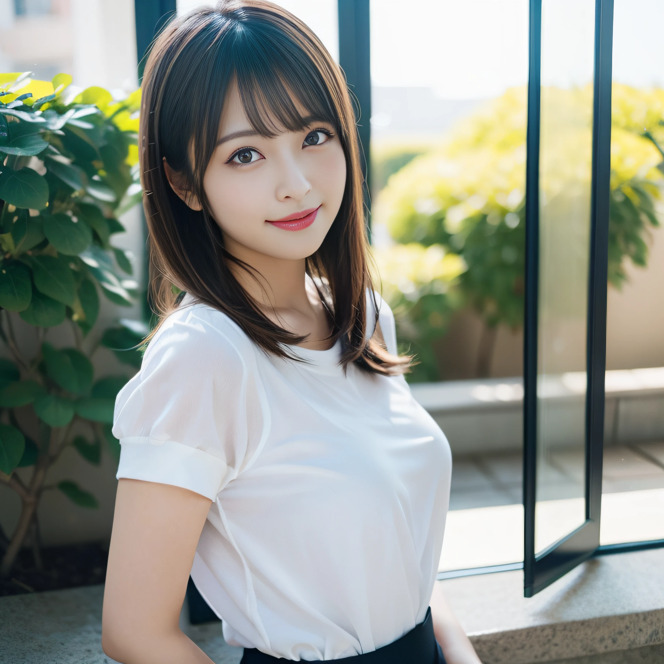 in 8K,Best Quality:1.4, 超A high resolution:1.5, (Photorealistic:1.4),masterpiece:1.2,(top-quality:1.4)、 Raw photo、(the background is blurred), Park on the hill:1.5、lawn、FULL BODYSHOT:1.4、 1日本人の女の子, Cute, (Solo), (Shy smile), Smooth skin、(30-years old:1.2)、TThe shirt、to stand、Check miniskirt、Cute mini skirt、 (Brown medium hair,Bangs), (touch hair:1.4)、nogizaka、cute little、Supple fingertips,Beautiful black eyes、natural skin textures:1.3, realistic eyes and face details:1.7、middlebreasts、gazing at viewer、gravure
