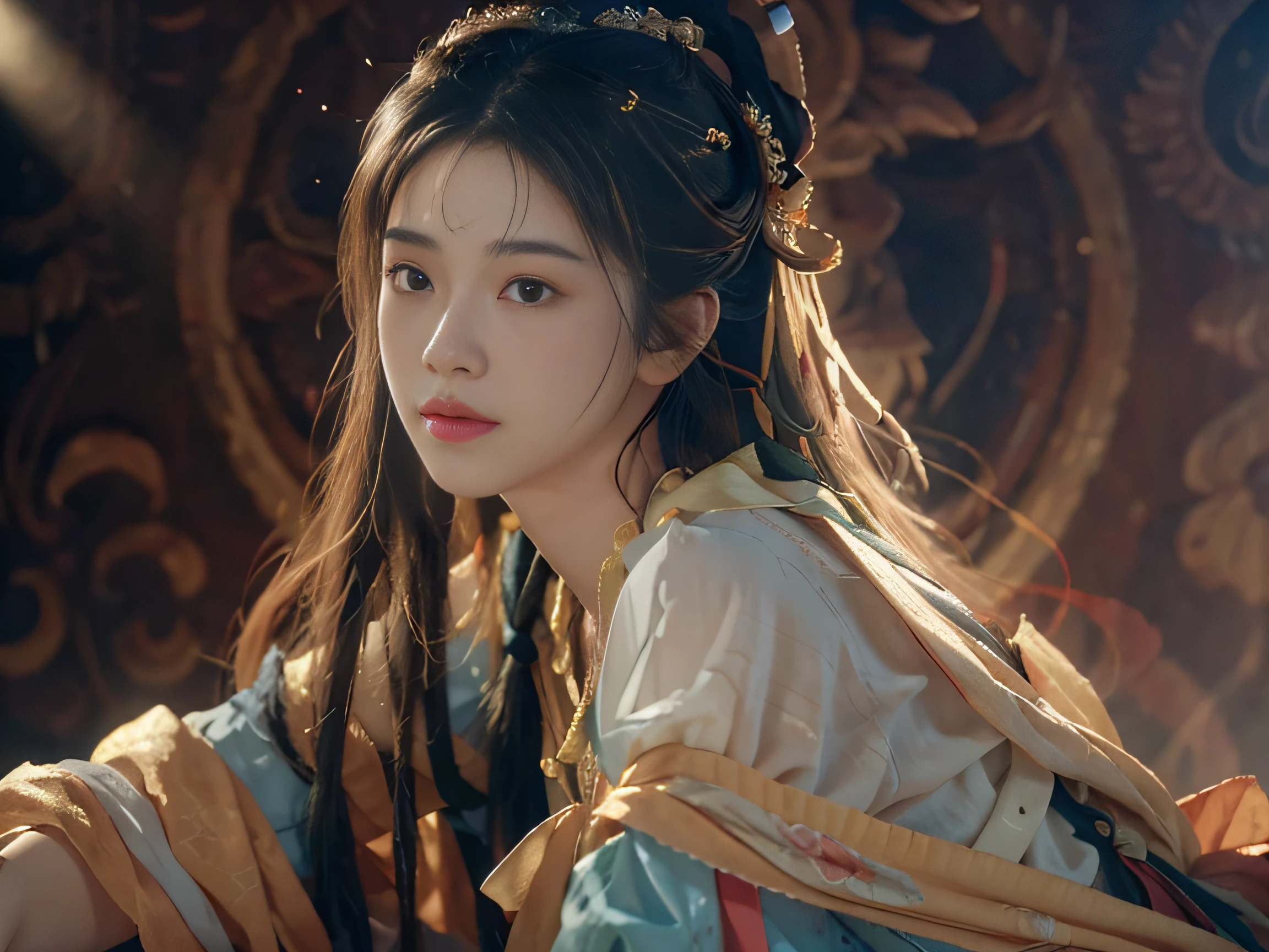 (RAW photo, best quality), (realistic, photo-realistic:1.3),best quality,highly detailed,masterpiece,ultra-detailed,illustration,1girl,upper_body,dynamic angle,world masterpiece theater,messy_long_hair,best quality,extremely detailed CG unity 8k wallpaper,ink,Amazing,cinematic lighting,lens_flare, dunhuang_style