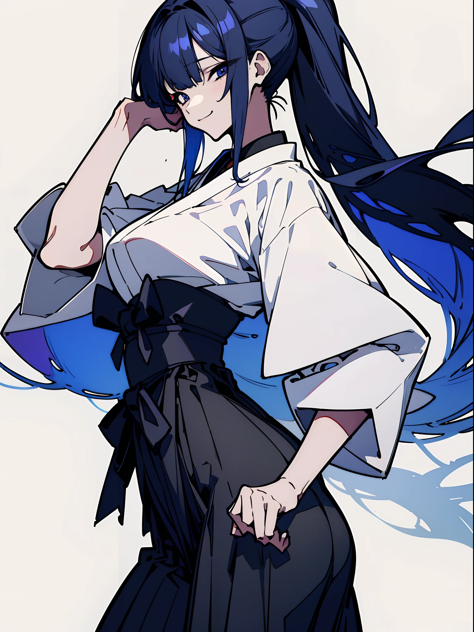 (top-quality、masterpiece:1.2) 1girl in、Beautiful fece、(White Doshi、Long Black Hakama) poneyTail、Blue hair、Blue eyes、Japanese Katana Sword、Colossal tits、Ass Big Style、elegent、enticing、Beautiful and well-groomed face、beautidful eyes、beautiful hairl、slick skin、Beautiful mouth、Fashionable with a change of clothes、Pulling up your hair、One hand is on his hip、 femele、(Background with、Kendo Club) (Vicious look、Vulgar smile)