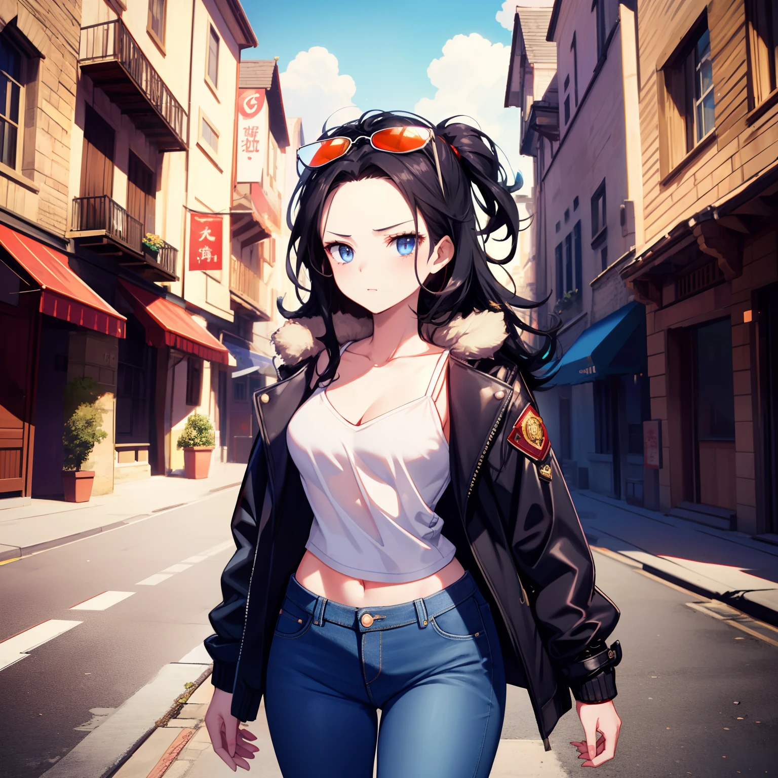 top-quality,masterpiece,masutepiece,8K,high-level image quality,High pixel count,detail portrayal,1人の女性,1girl in,独奏,Black hair,long,straight haired,Dark blue eyes,High nasal muscles,Forehead visible.,Slender Body Line,thin hip,small tits,cowboy shot,Standing figure,Medieval cityscape,Red Riders Jacket,jeans,Wear sunglasses on your head,full body Esbian,Walking