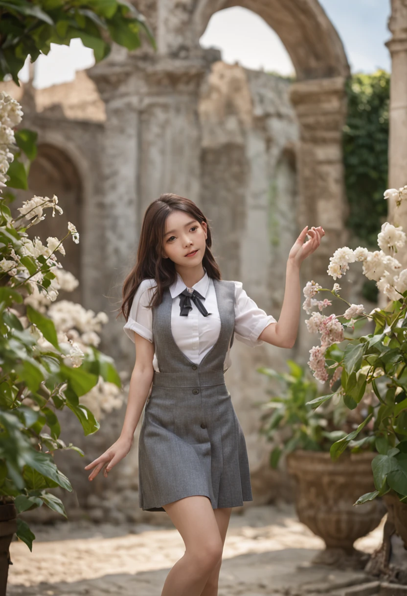 ccurate, Best quality, Master parts, hyper HD, high detal, Awarded, (Amazing:1.1), (ultra-realistic realism), concept-art, hentail realism, Cinematic lighting, Floating ruins in the sky, (((Beautiful garden))), horizon, Blue skies, heavenly landscape, florals, wind flow, (((fanciful))), boundage, (magnificent space), blurryforeground, Bokeh, hasselblatt, Lens reflection, Beautiful schoolgirl, (17 years), ((((full bodyesbian)))), From behind, she is dancing, Don't look at me, (((in school uniform))), 黑The eye, brunette color hair, (floated hair), ((8 life size)), Detailed hairstyle, Detailed body lines, anatomically correcte,
