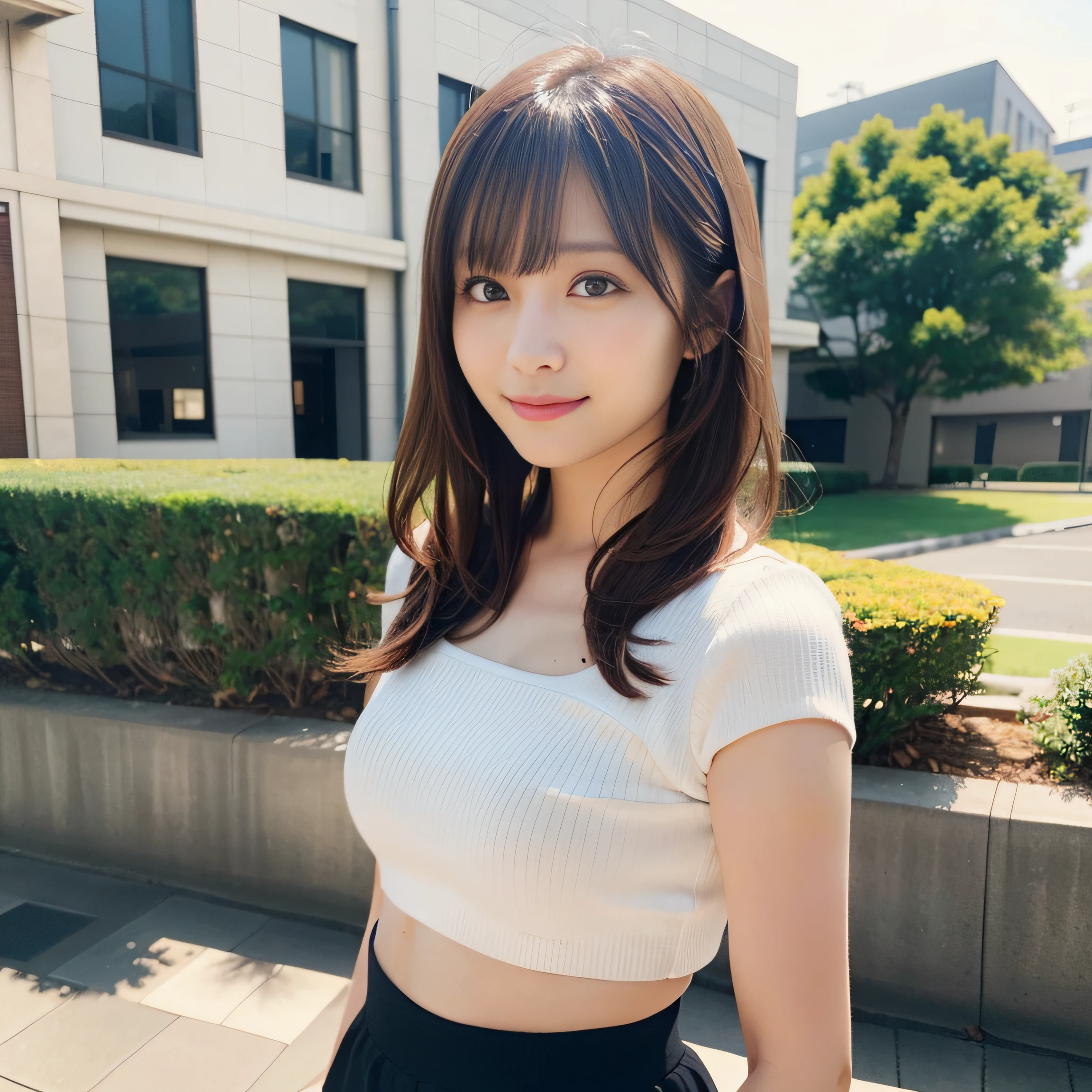 in 8K,Best Quality:1.4, 超A high resolution:1.5, (Photorealistic:1.4),​masterpiece:1.2,(top-quality:1.4)、 Raw photo、(the background is blurred), Park on the hill:1.6、lawn、FULL BODYSHOT:1.8、 1日本人の女の子, Cute, (Solo), (Shy smile), Smooth skin、(30-years old:1.2)、ＴThe shirt、to stand、Check miniskirt、Cute mini skirt、 (Brown medium hair,Bangs), (touch hair:1.4)、nogizaka、cute little、Supple fingertips,Beautiful black eyes、natural skin textures:1.3, realistic eyes and face details:1.7、middlebreasts、gazing at viewer、gravure,