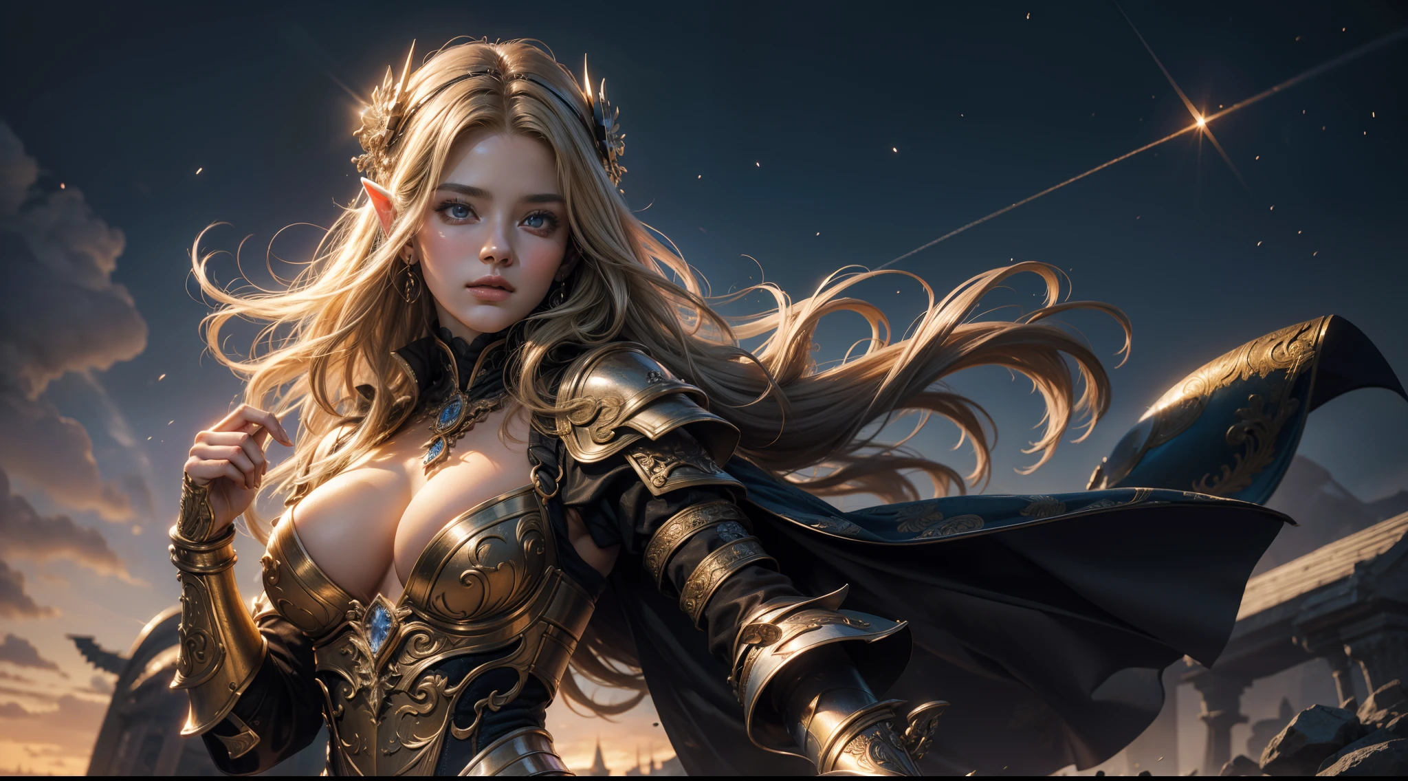 tmasterpiece,top-quality,best qualityer,offcial art,Beauty and aesthetics:1.2),(tmasterpiece:1.3), (8K, realisticlying, RAW photos, best qualtiy: 1.4), beauitful face, (photorealiscic face),超高分辨率, Ultra photo realsisim, highly detailed, the golden ratio, (Award-winning digital artwork:1.3) af (sketching:1.3),(with dynamism:1.3),(Saturation:1.3),(Close portrait:1.3),illusory engine, (High detail: 1.9),(femele:1.4),(big breasts beautiful: 1.4),(carismatic:1.3),Female elf,Large breasts,upperbody shots,dramatics,Armour,The background is the castle,