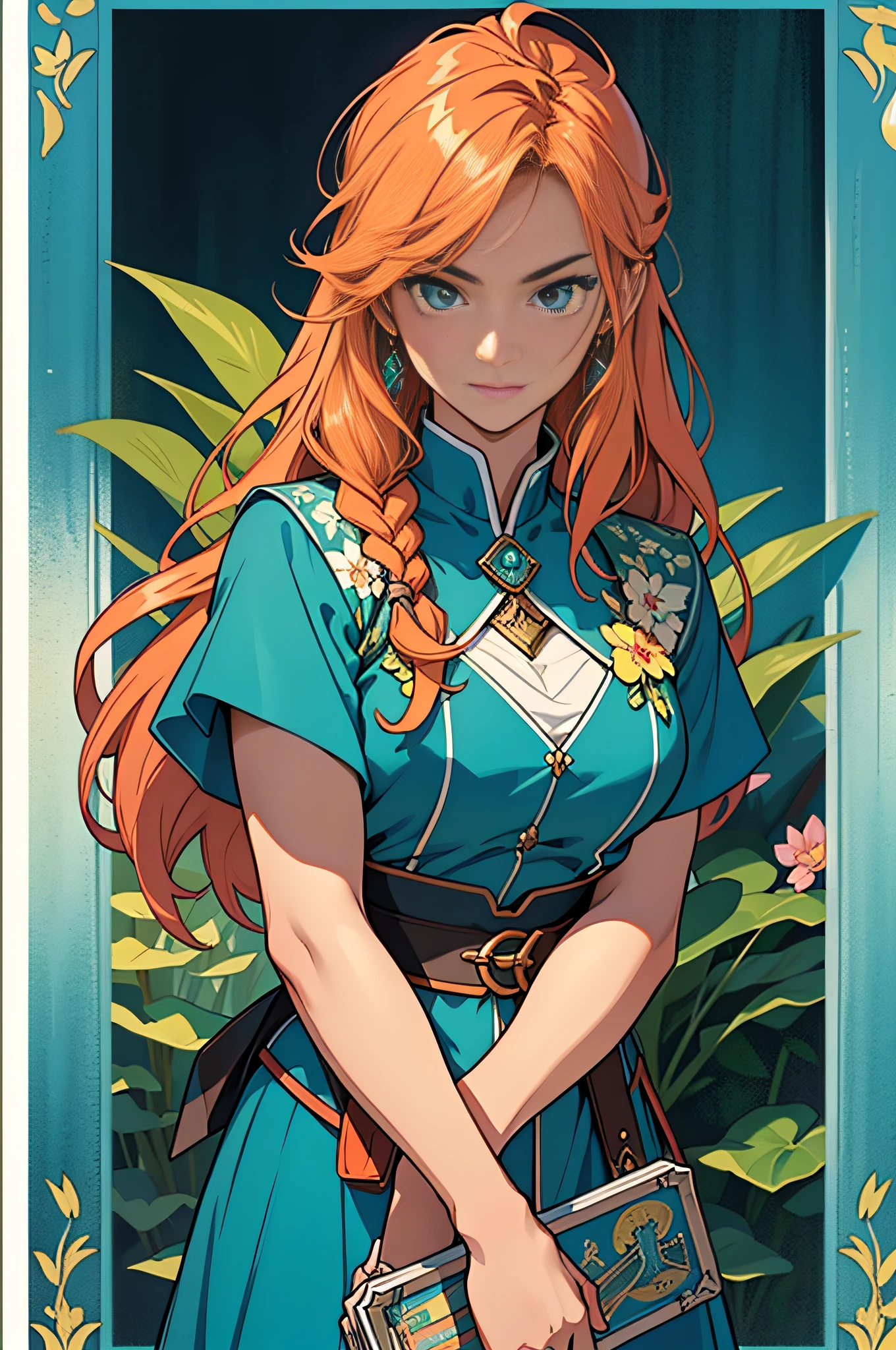 tarot cards，Full tarot border，（best images quality），(The image is surrounded by a tarot card-style border:1.5)，（8k wallpaper），（best images quality），（Extremely detailed description），tarot card art,tarot card art, tarot design, Male sideways，（Handheld spatula），beuaty girl，The most beautiful girl in the world，gardener，green shades，blue-sky，Bokeh background，gardening（（Handheld gardening shovel；2），quadratic element，2.5D，（hoang lap，A high resolution，hyper-detailing），Visual storytelling，capturing moments，historical records，social commentary，Powerful images，mosaic art，Small，Colorful inlays，Intricate patterns，Tile design，Durable surface，Time-honored technology，Red long-haired，anime big breast，