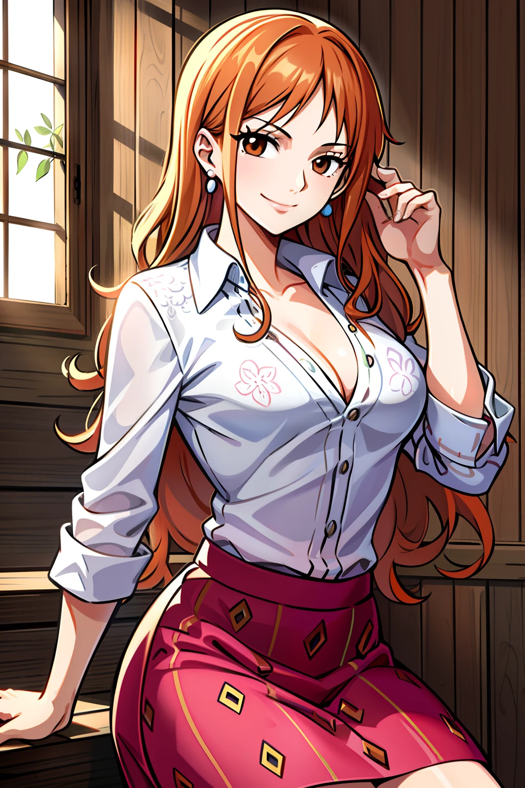 masutepiece, ((hyper detailed background, Delicate pattern, intricate detailes)), (Highly detailed, Fine details), Best Quality, Beautiful lighting, ((medium breasts, Slim Girl)), Nami Final, ((White shirt, Red skirt)), Simple shirt, 1girl in, Orange hair, Solo, Long hair, Jewelry, Brown eyes, Smile, earrings, Covered shoulders, (intricate detailed background, Inside, Room environment, wood walls, window, llight rays), (Cowboy Shot),, cleavage