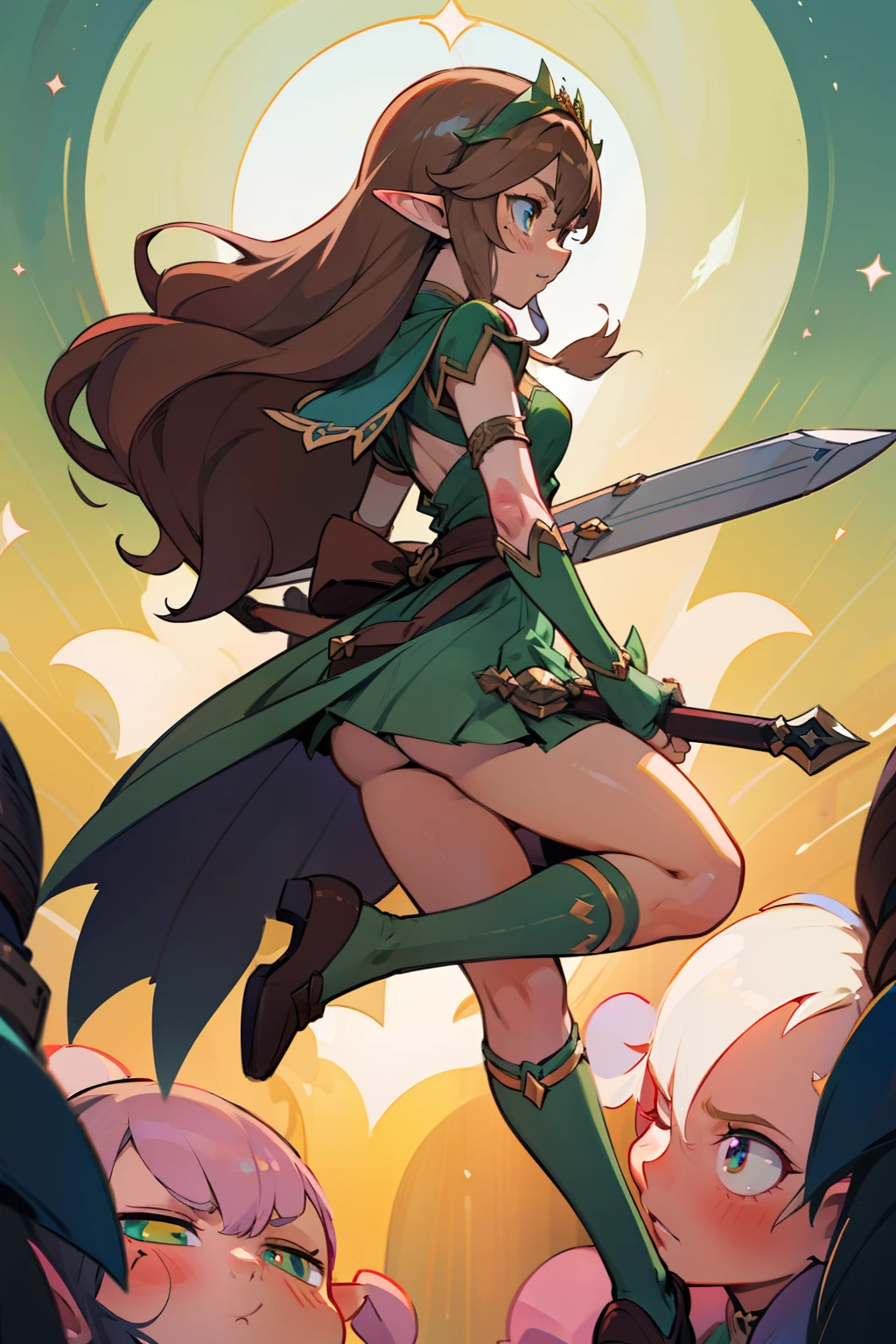 Anime - Masterpiece - Quality - 8k - Extremely detailed - Ultra HD - only a Princess - Elf woman - Long brown hair - Genshin Impact style - weapon Elven Bow in the right hand - Quiver with Arrows on the Back - Short dress - Aqua Green - Pink Stockings Thighs - Elven Shoes - Long Gloves - Design - Inspired - Shera L. Greenwood - How Not to Summon a Demon Lord and in Pecorine Princess Connect - Exceptional details - Ultra-detailed face - exceptional details-correct anatomy