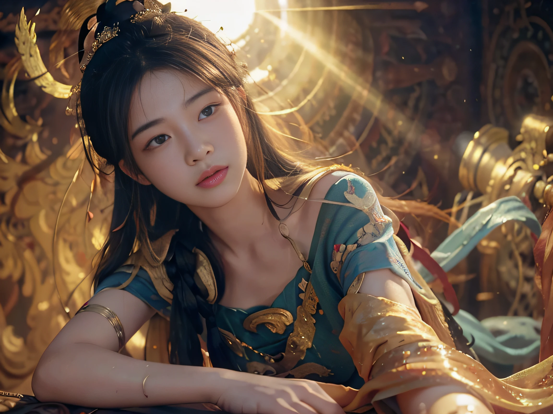 (RAW photo, best quality), (realistic, photo-realistic:1.3),best quality,highly detailed,masterpiece,ultra-detailed,illustration,1girl,upper_body,dynamic angle,world masterpiece theater,messy_long_hair,best quality,extremely detailed CG unity 8k wallpaper,ink,Amazing,cinematic lighting,lens_flare, dunhuang_style