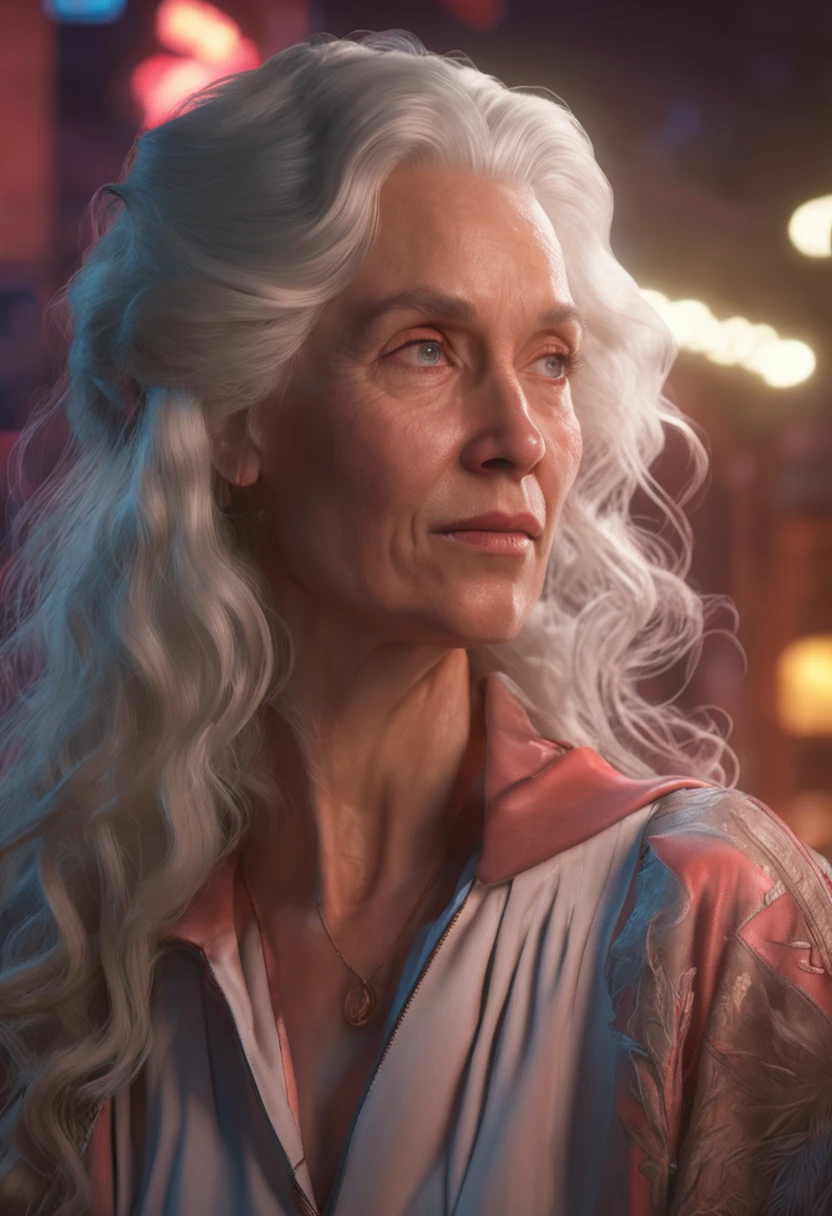 Hyperrealistic portrait of the feminine by david hockney and alphonse mucha, fantasy art, realistic photo, dynamic lighting, artstation, poster, volumetric lighting, very detailed faces, 4 k, award-winning, 1girl, in the dark, deep shadow, discreet, cowboy shot, (official clothing: 1.4), long hair, white hair,