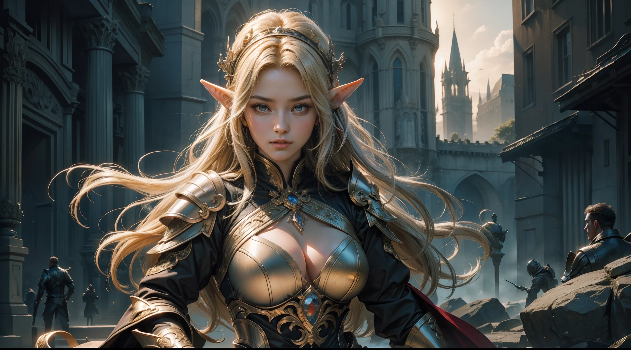 tmasterpiece,top-quality,best qualityer,offcial art,Beauty and aesthetics:1.2),(tmasterpiece:1.3), (8K, realisticlying, RAW photos, best qualtiy: 1.4), beauitful face, (photorealiscic face),超高分辨率, Ultra photo realsisim, highly detailed, the golden ratio, (Award-winning digital artwork:1.3) af (sketching:1.3),(with dynamism:1.3),(Saturation:1.3),(Close portrait:1.3),illusory engine, (High detail: 1.9),(femele:1.4),(big breasts beautiful: 1.4),(carismatic:1.3),Female elf,Large breasts,upperbody shots,dramatics,Armour,The background is the castle,