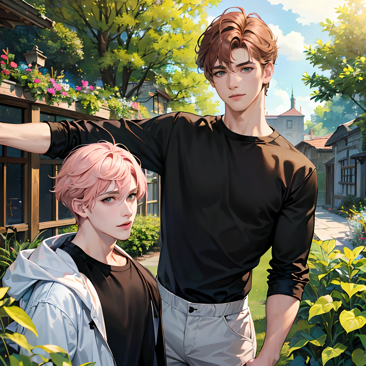 (absurdres, highres, ultra detailed, HDR), masterpiece, best quality, anime boy with brown hair ((Tall boy)), 1st boy brown hair, Anime boy with light pink hair! ((Tall boy)) , 2nd Boy pink hair, green eyes, 3rd boy blond hair ((Tall boy)) , 3 boys, smile, sunshine, garden, handsome, short hair, villa, looking at viewer, detailed face, ( black shirt ),(Yellow Shirt) cool boys, cold male, 8K, Best Quality, Masterpiece, Ultra High Resolution, (Realism: 1.4), Original Photo, (Realistic Skin Texture: 1.3), (Film Grain: 1.3), (Selfie Angle), best friend,Friendship, Trio friends, tall boys, slim masculine.