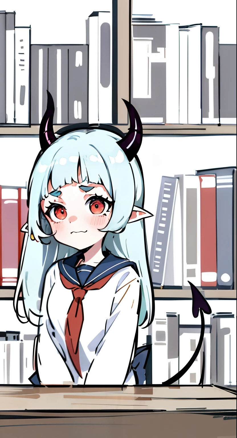 [exquisite detailing，4k wallpaper],A girl with a devil's tail stood behind a table,cute  face，The confused expression，Thinking， in an anime style, Student clothing，a sailor suit, In anime style, Anime girl with demon horns, Succubus Girl, In a library,