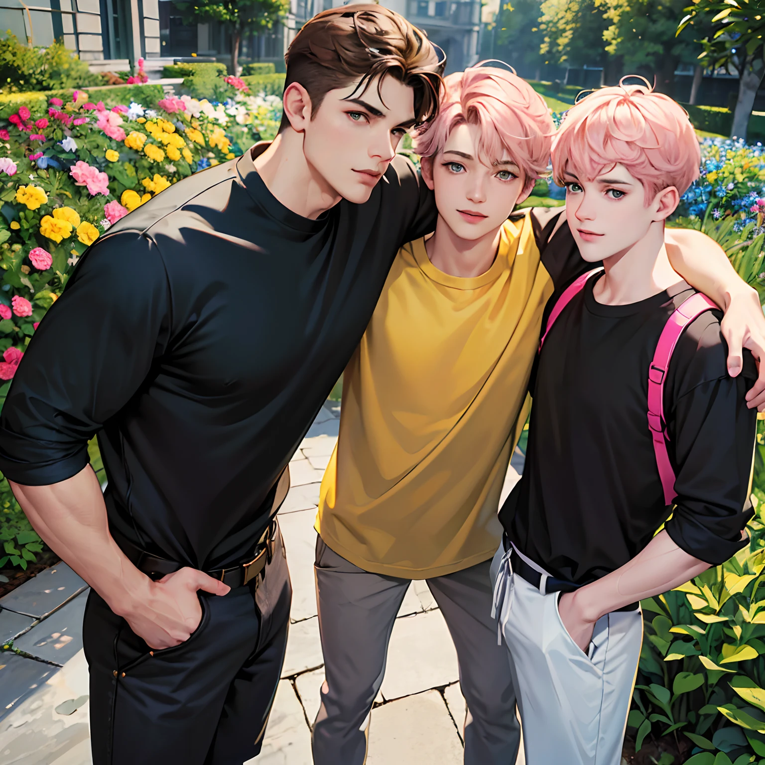 (absurdres, highres, ultra detailed, HDR), masterpiece, best quality, anime boy with brown hair ((Tall boy)), 1st boy brown hair, Anime boy with light pink hair! ((Tall boy)) , 2nd Boy pink hair, green eyes, 3rd boy blond hair ((Tall boy)) , 3 boys, smile, sunshine,  garden, handsome, short hair, villa, looking at viewer, detailed face, ( black shirt ),(Yellow Shirt) cool boys, cold male, 8K, Best Quality, Masterpiece, Ultra High Resolution, (Realism: 1.4), Original Photo, (Realistic Skin Texture: 1.3), (Film Grain: 1.3), (Selfie Angle), best friend,Friendship, Trio friends, tall boys, slim masculine.