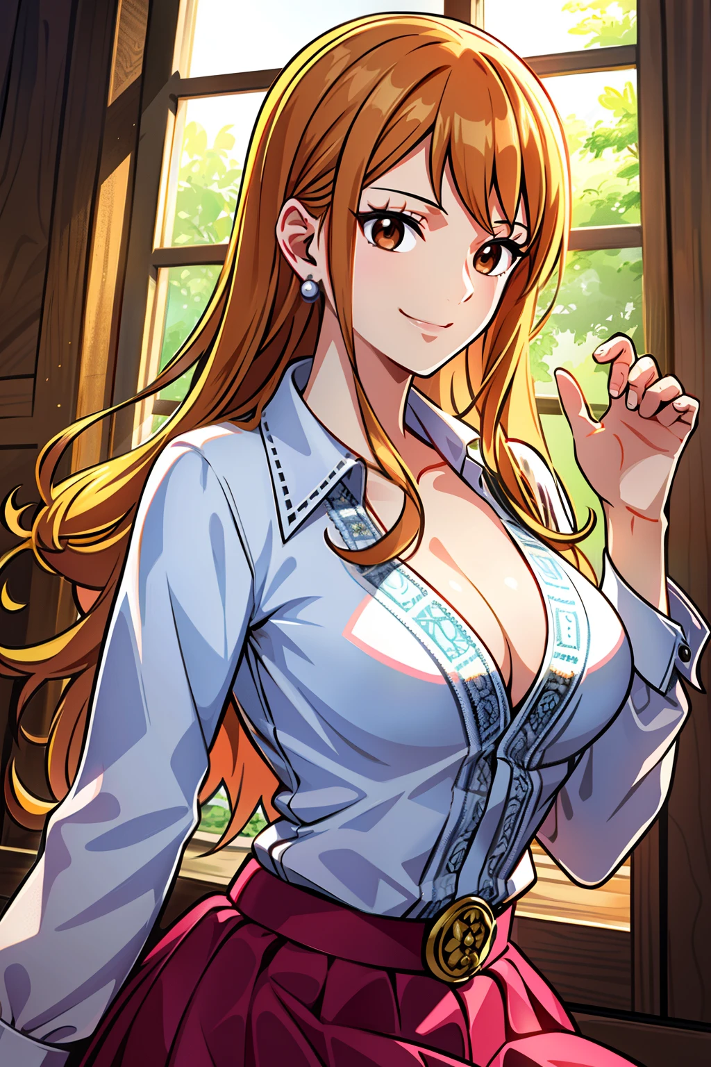 masutepiece, ((hyper detailed background, Delicate pattern, intricate detailes)), (Highly detailed, Fine details), Best Quality, Beautiful lighting, ((medium breasts, Slim Girl)), Nami Final, ((White shirt, Red skirt)), Simple shirt, 1girl in, Orange hair, Solo, Long hair, Jewelry, Brown eyes, Smile, earrings, Covered shoulders, (intricate detailed background, Inside, Room environment, wood walls, window, llight rays), (Cowboy Shot),, cleavage