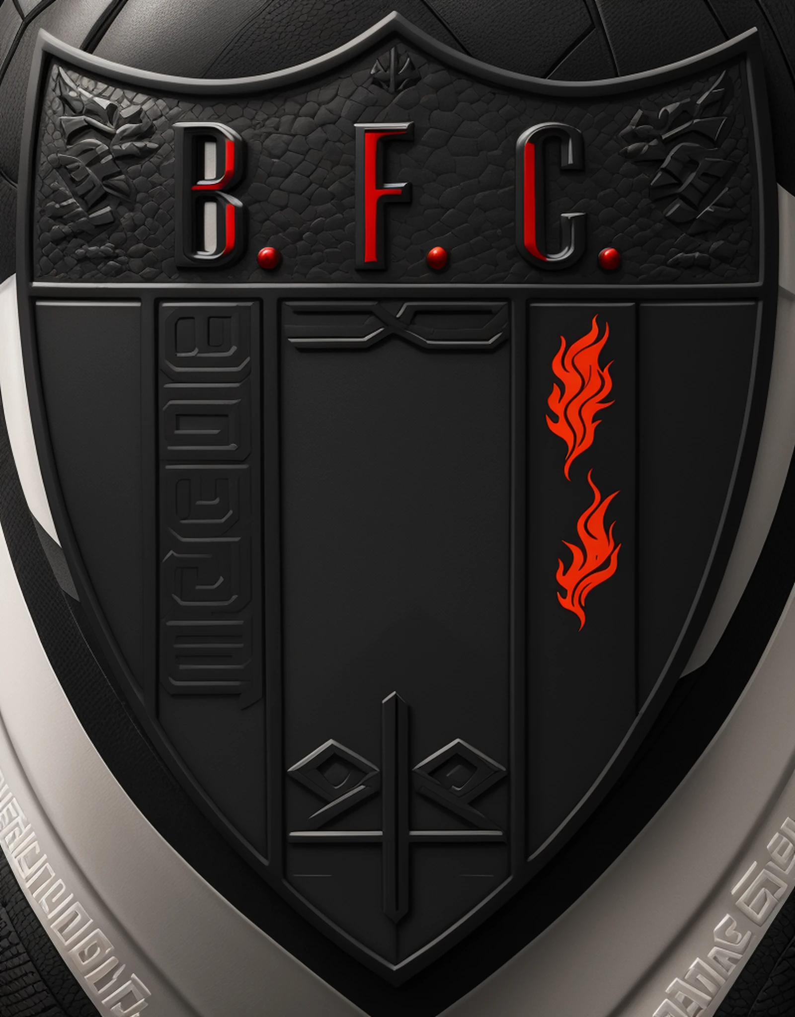 um close up de um escudo preto e branco com listras vermelhas e brancas, Brasil, a.C, Brasil, preto branco vermelho, Directed by: Hugo Sanchez Bonilla, logotipo sem texto, by Beta Vukanović, Melhor logotipo, Brasileiro, Botafogo Futebol Clube de Ribeirão Preto soon,Black jaguar, dentes grandes, pelo curto e preto, sem pintas, Pantera Negra e musculosa, boca aberta voraz, Look of Fury, Intimidando o Pantera Negra, garras afiadas, patas abertas, fundo em chamas, garras afiadas, patas com unhas compridas, BURNING SCENERY, Body on Imaginary Fire, incendiary dragon, pelo preto brilhoso sedoso, Santa Cruz Stadium, metal em ouro reluzente