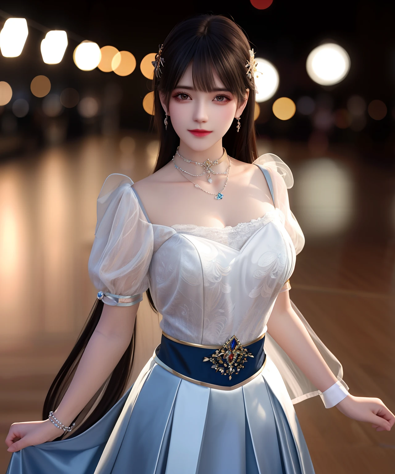 best qualtiy，tmasterpiece，A high resolution，1girl，Porcelain skirt，hair adornments，choker necklace，jewely，beautiful  face，Physically，dingdall effect，realisticlying，dark studio，edge lit，twotonelighting，（highdetailskin：1.2），8k uhd， dslr, softlighting, high high quality, volumettic light, sneak shot, photore, A high resolution, 4k, 8k, Background bokeh,big breasts exposed cleavage，Leakage，nakeness，Transparent packaging，Bigchest