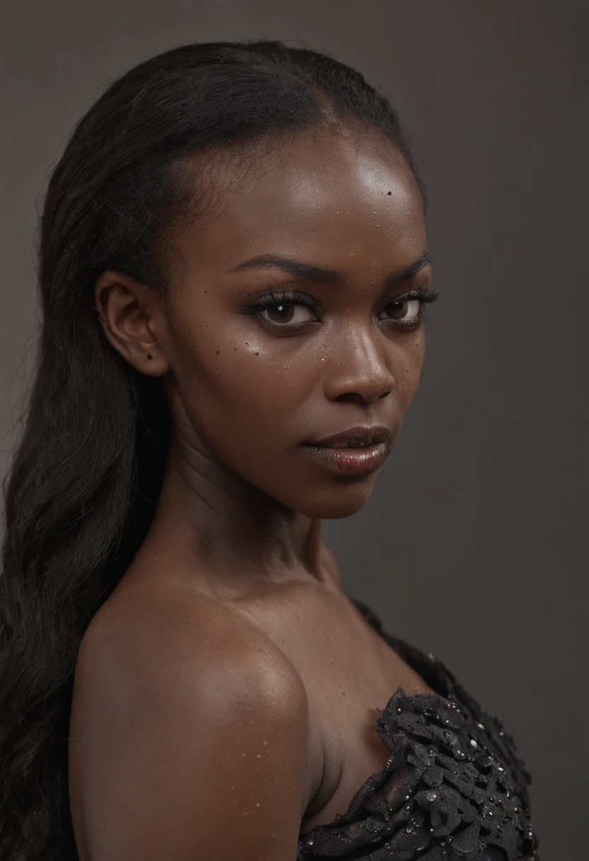 African woman, short dress, posing, evil vampire, black clothing, full body, ultradetailed, HD, 8K, highlights, good lighting, ((art by Emmanuelle Moureaux and (Wangechi Mutu:1.1))), , small freckles, nostalgia , Professional high detail photography, detailed skin, textured skin, skin pores, skin details, ((detailed pupils)), high details, photorealistic, sharp focus, nikon d7500 24mm, f/1.4, ISO 100, 1/ 1600s, UHD 64k, RAW, unedited photography, depth of field, bokeh, dramatic