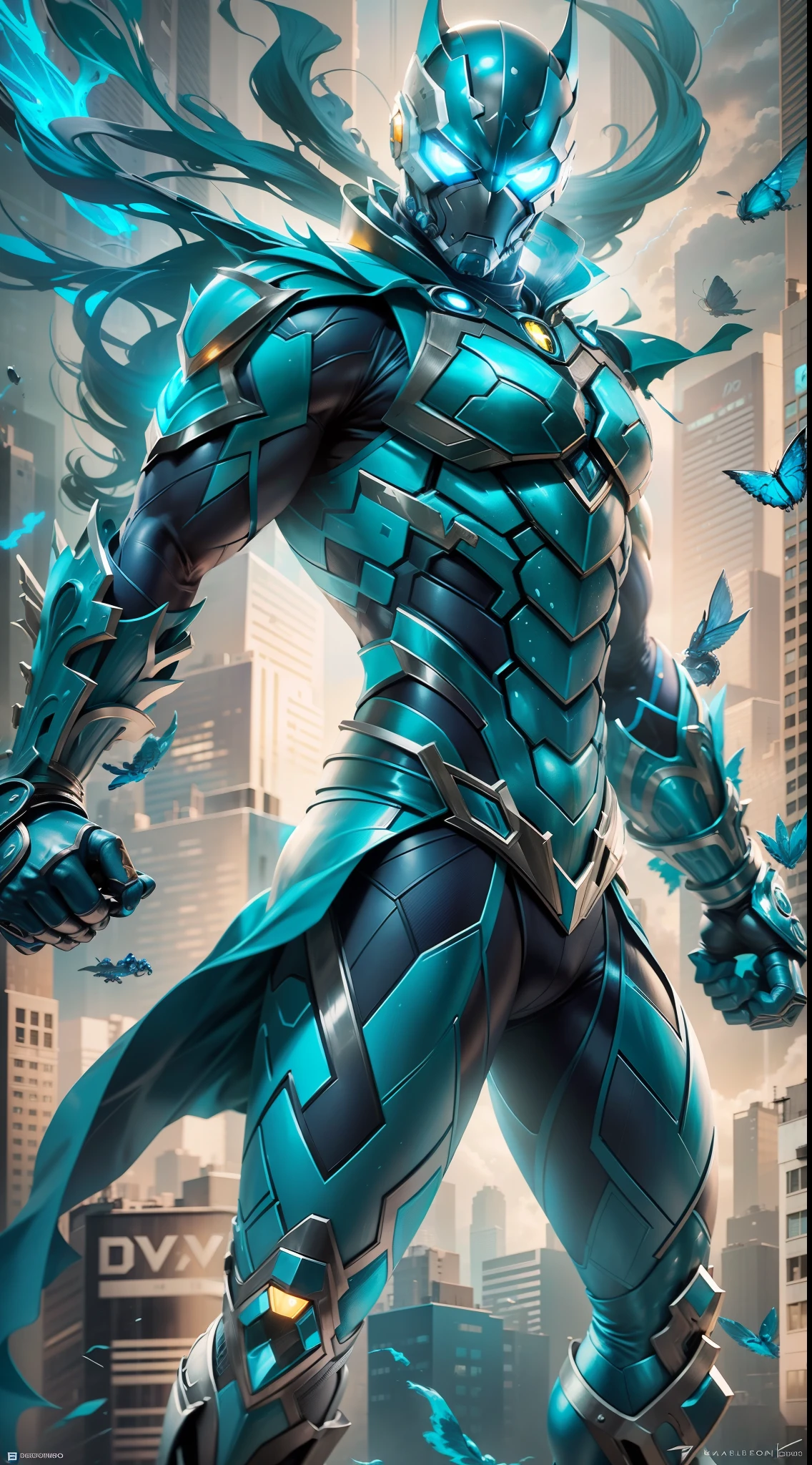 A imagem apresenta o "Besouro Azul", an iconic DC Comics character. The hero is depicted in an action pose, highlighting his characteristic armor and determined posture.

Wearing a bright blue metallic armor, the Blue Beetle displays technological and futuristic details. His armor is adorned with lines and patterns that denote sophistication and technological advancement.

Seu capacete tem uma viseira em formato de besouro, a striking feature of the character. Through the visor, His eyes shine with determination and courage.

The predominant colors are shades of blue, com detalhes em preto e prateado. This creates a sleek and modern look, reflecting the fusion of technology and heroism that defines the Blue Beetle.

The background of the image is a mixture of urban and technological elements, reinforcing the character's connection to the modern world and its urban adventures.

This image captures the essence of the Blue Beetle, showing off your unique armor, his distinctive look and his determination as a hero. It evokes the sense of action and adventure that surrounds the character, convidando o espectador a explorar o mundo vibrante e empolgante da DC Comics.