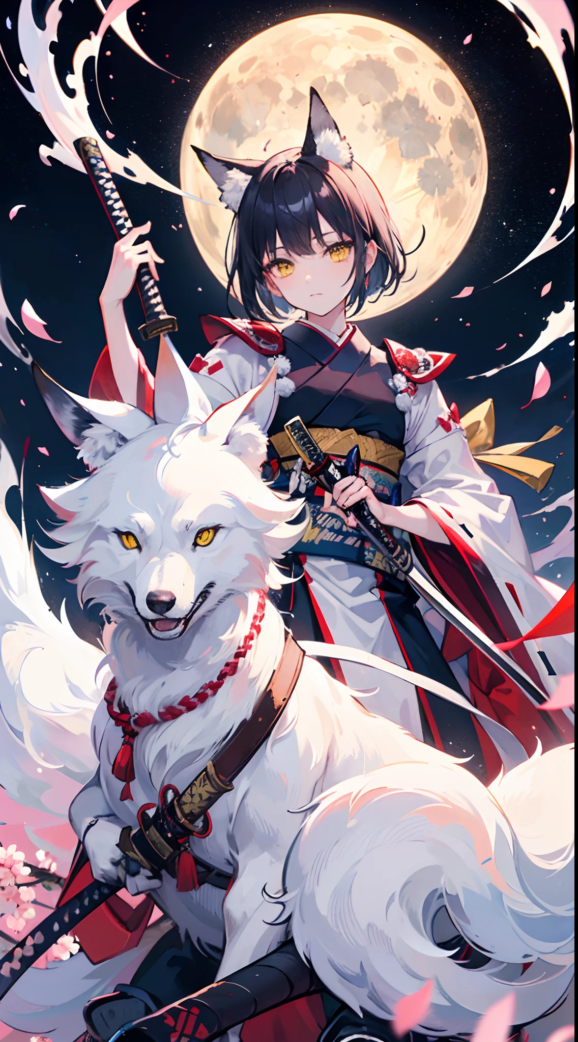 High quality, masterpiece, ultra-detailed, white kitsune samurai, short hair, enchanting yellow eyes, holding one katana, japanese style armor, moon, sakura