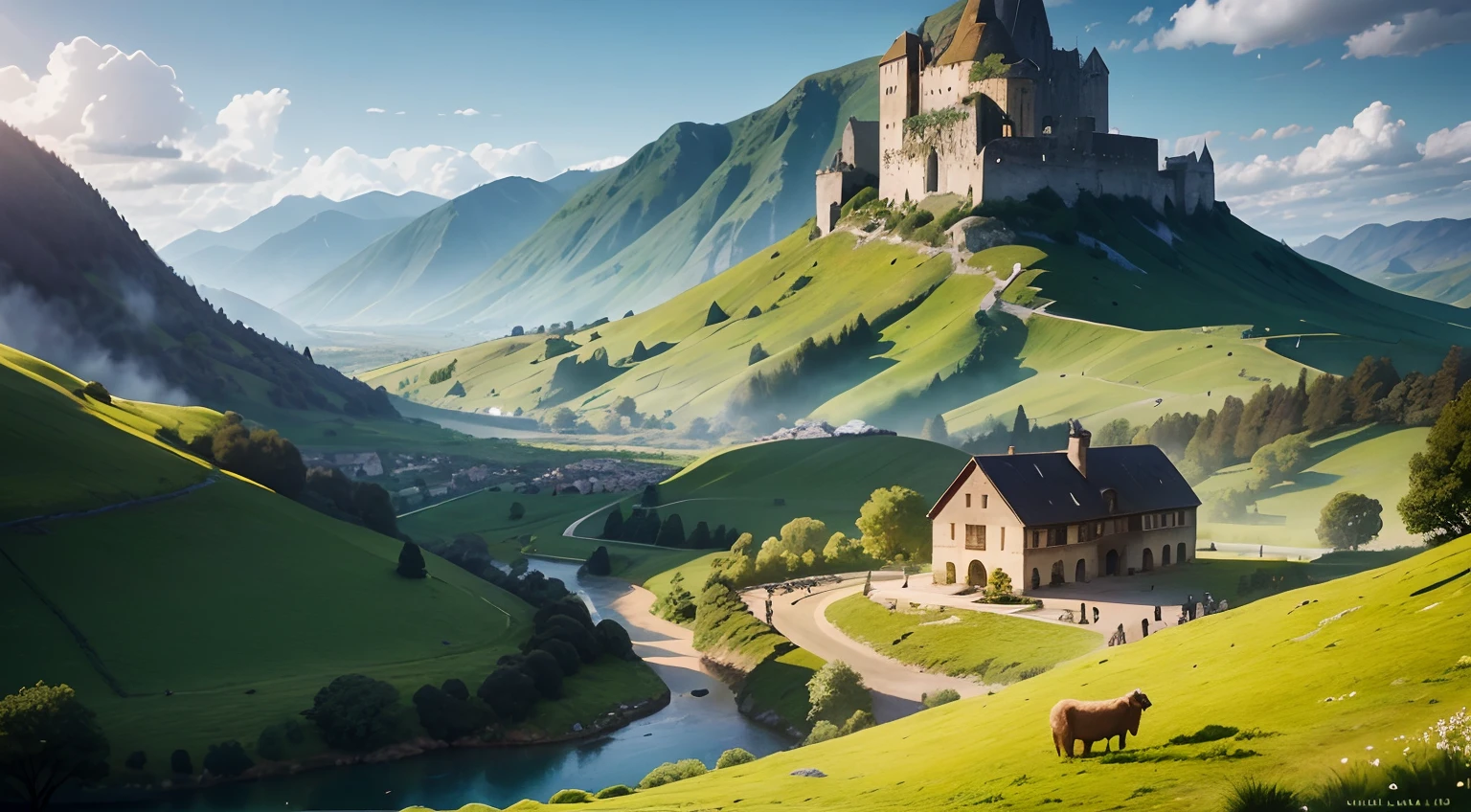 There is a hill in the middle of the valley,There is an ancient building, overlooking valley,There are cattle and sheep in the meadow,A traveling European woman spoke to me face to face