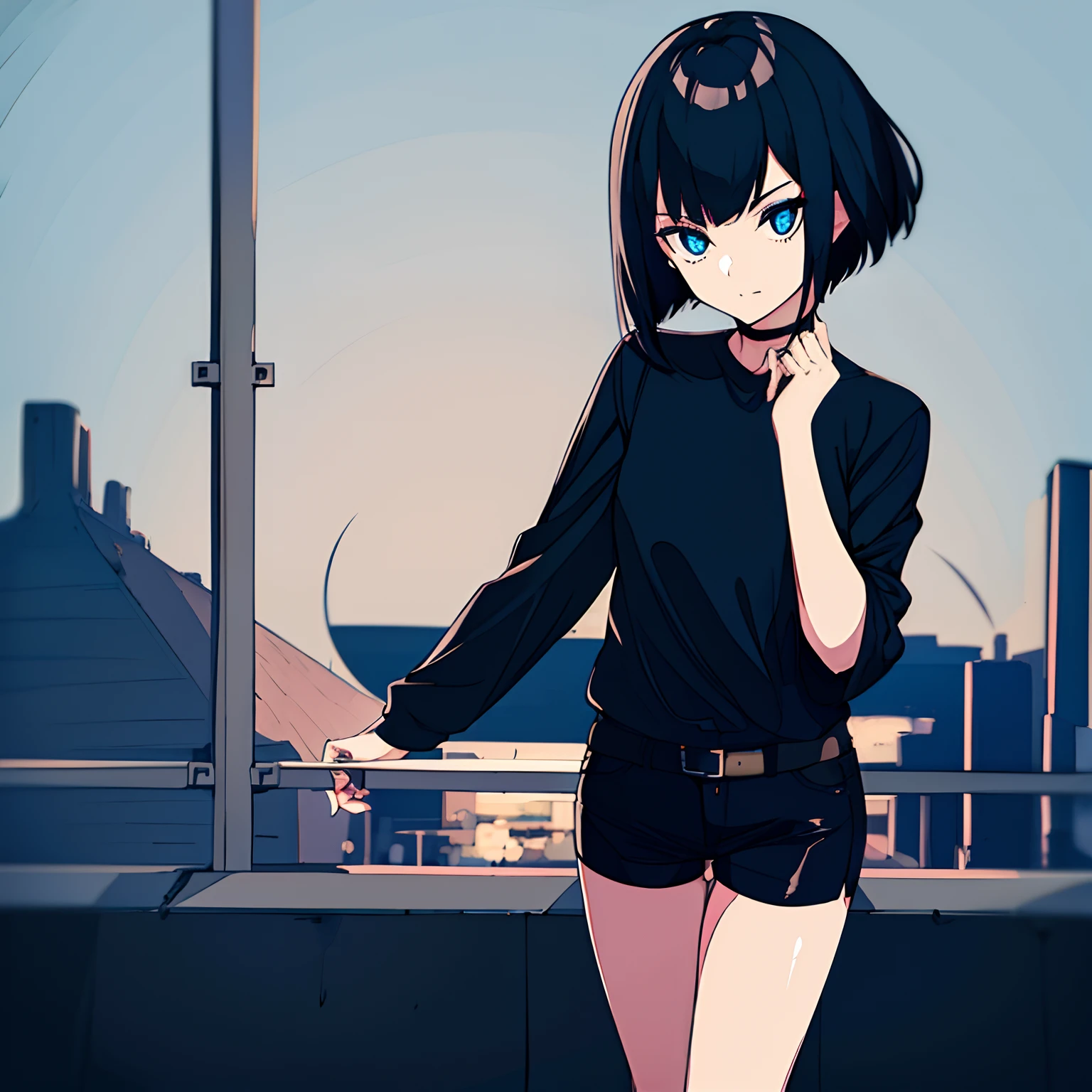 1girl, short black hair, vampire, blue eyes, wearing a plain black shirt, leather shorts, spooky, goth, night, city, absurd res, high res, ultrasharp, 8K, masterpiece, looking at viewer