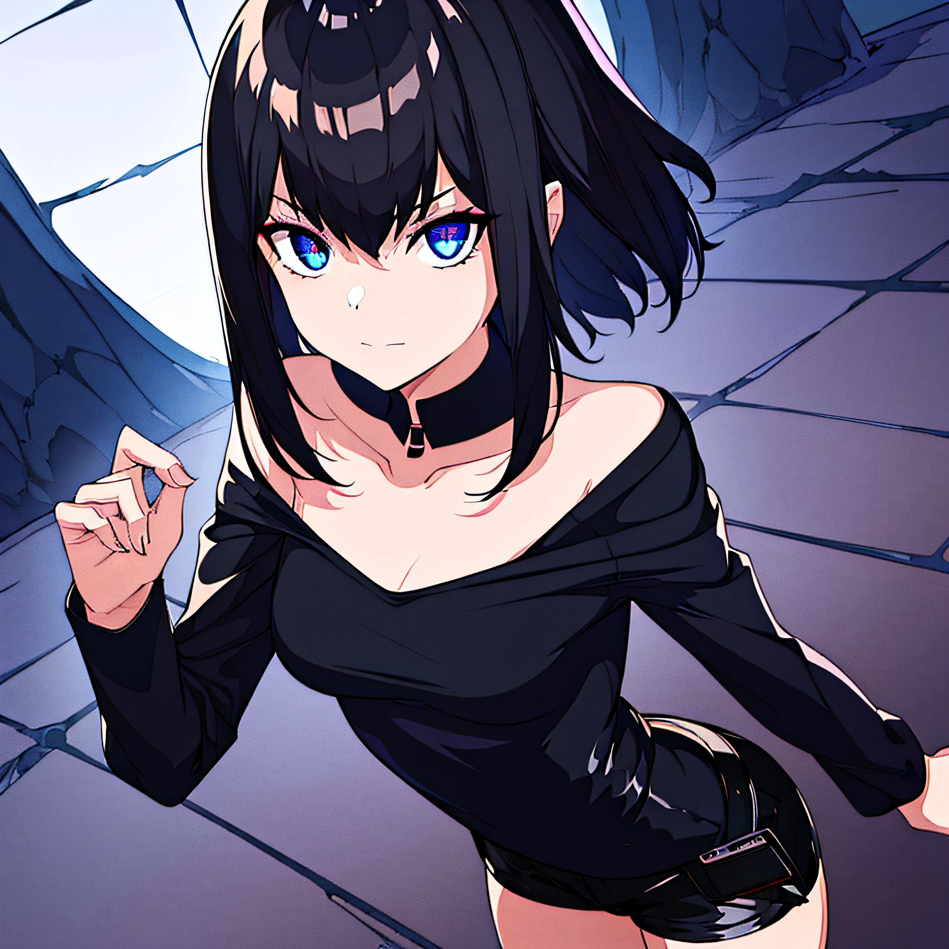 1girl, short black hair, vampire, blue eyes, wearing a plain black shirt, leather shorts, spooky, goth, night, city, absurd res, high res, ultrasharp, 8K, masterpiece, looking at viewer