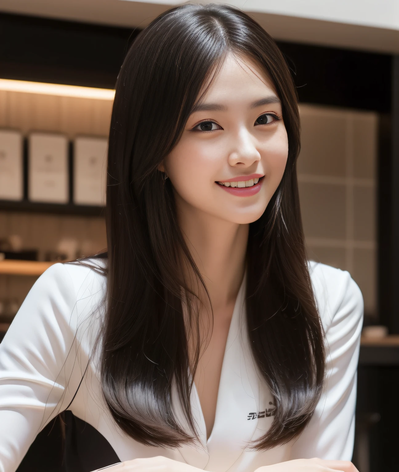 ((Best Quality, 8K, Masterpiece: 1.3)), a beauti, In addition, melon face, Friendly and cute, sweet smile, Pure desire, Slender body, (s whole body), (tilted head), ((looking at camera)), Medium Black Silky Straight Hair, Long flowing shoulders, round black big eyes, clear big eyes, moist red lips, Cafe shop background, ((full body shooting)), (a volleyball suit), (Middle breast)