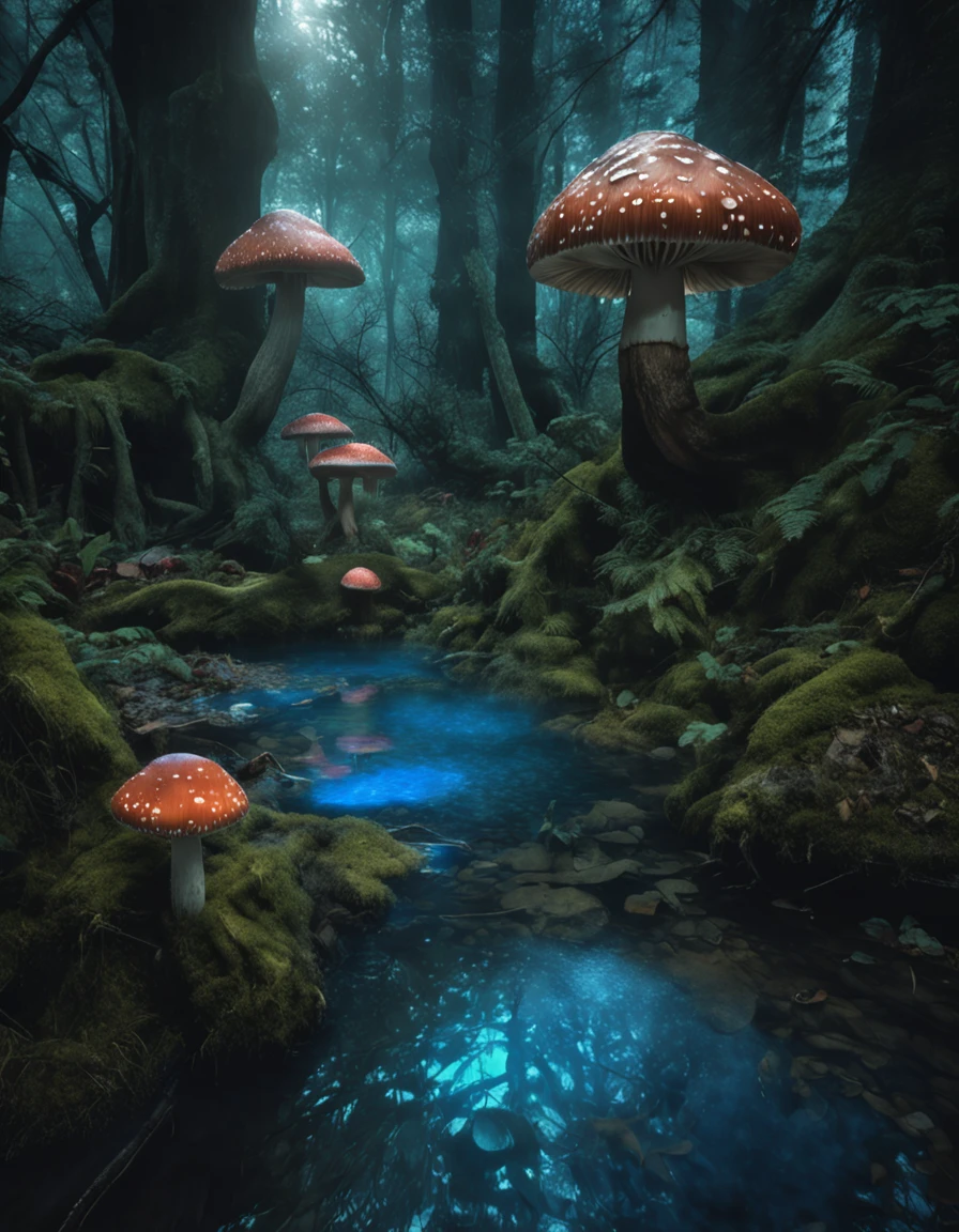 dense forest of magic blue giant mushrooms::2, calm water stream, snow on the ground, winter season, rich textures, wide shot, sharp focus, high detail, 4k, masterpiece, photo, digital art, fantasy, the dark crystal movie style