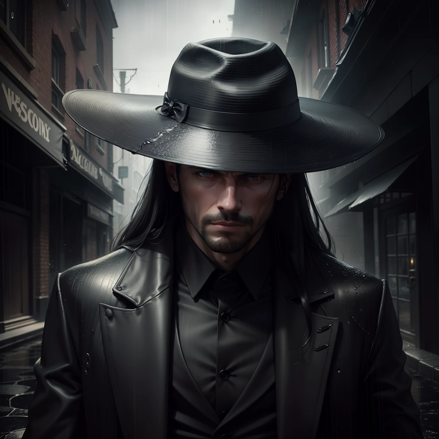 Craft a super realistic masterpiece featuring a man wearing a black fedora hat, dressed in a black overcoat with black gloves, immersed in a dark and shadowy alley on a rainy day. His head is lowered, evoking an air of mystery. The image should be extremely lifelike and rendered in 8K resolution. Intricate raindrops should be visible on his clothing and face, capturing the essence of the downpour. Lighting should be impeccably adjusted to match the darkness of the night, highlighting every detail of the scene. The goal is to create a visually stunning representation that leaves an impact, capturing all elements vividly and realistically.
