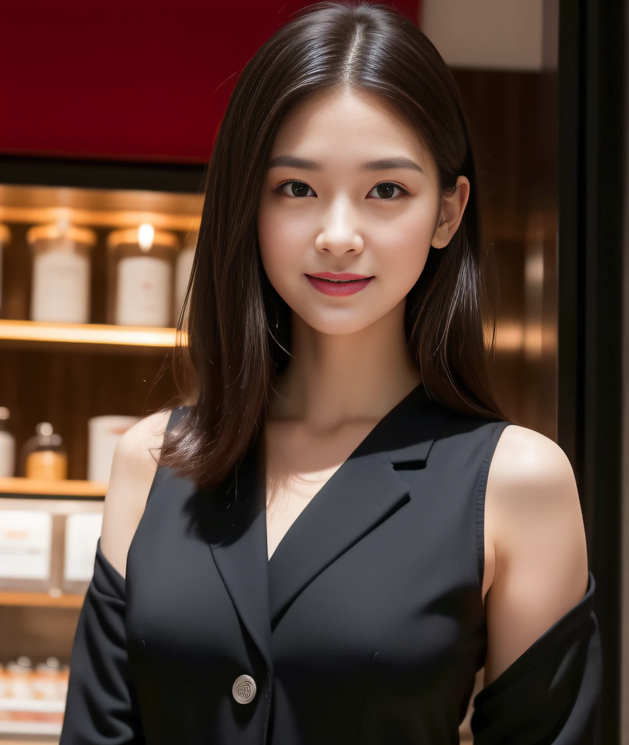 ((Best Quality, 8K, Masterpiece: 1.3)), a beauti, In addition, melon face, Friendly and cute, sweet smile, Pure desire, Slender body, (s whole body), (tilted head), ((looking at camera)), Medium Black Silky Straight Hair, Long flowing shoulders, round black big eyes, clear big eyes, moist red lips, Cafe shop background, ((full body shooting)), (a volleyball suit), (Middle breast)