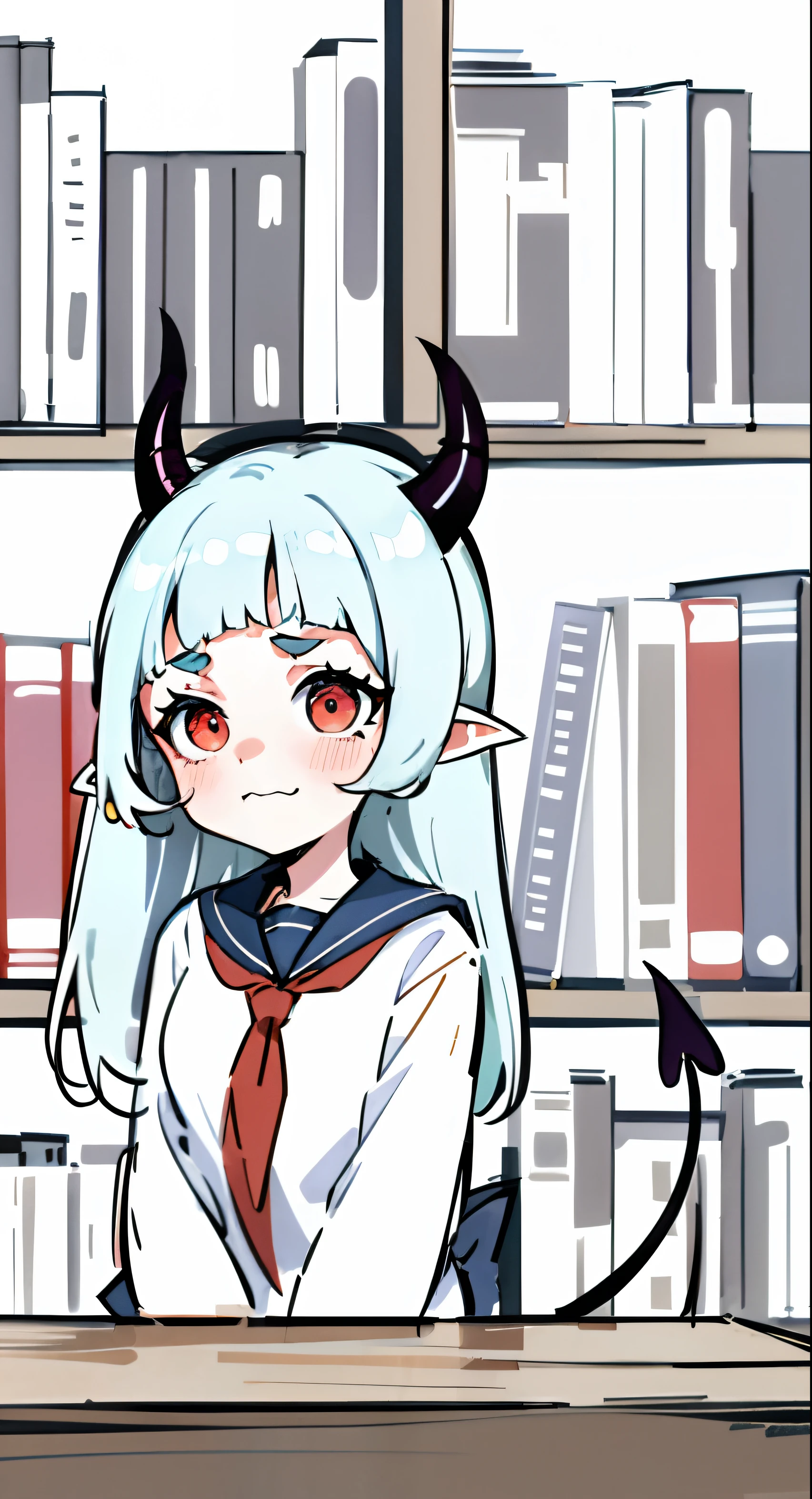 [exquisite detailing，4k wallpaper],A girl with a devil's tail stood behind a table,cute  face，The confused expression，Thinking， in an anime style, Student clothing，a sailor suit, In anime style, Anime girl with demon horns, Succubus Girl, In a library,