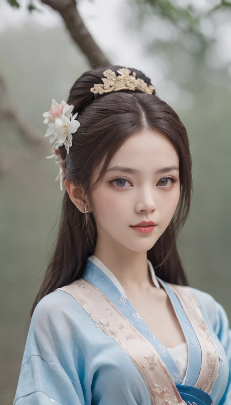 1 beautiful and cute reality show girl, Gentle young girl, Waist length hair, cabelos preto e longos,Slightly blue, Light blue eyes, wearing a long, Thin, a blue dress,Hanfu style, ((a blue dress,White lace border covers the girl's:0.8)), Style Hanfu, Wearing an ancient Chinese silk shirt, Pink and smooth white skin, Dressed in a low-key antique Oday, appears shoulders and head in the photo,Cute little face, Eye bags under wet makeup, Plump red lips, Pout, ((Closed mouth:1.0)), Balance incisors, Embarrassed, Small face makeup explained,Tremendously beautiful, Breasts are super round and firm, Breasts are plump,A plump chest, Blum chest cabinet, ((Cover the girl's chest with a camisole inside:1.2)), Blush, From the front side, Wear earrings, choker necklace, From above, view the viewer, Upturned eyes, Masterpiece, Top quality, Best quality, offcial art, Unity 8k wallpaper, A high resolution, Ultra-high RES, Ultra-detailed, (Photorealistic:1.2), Alone, Solo, only 1girl, Style Hanfu Dunhuang, 10x pixel, Super realistic, Ultra high quality, Full body view of girl, Seven-doppelganger shot,