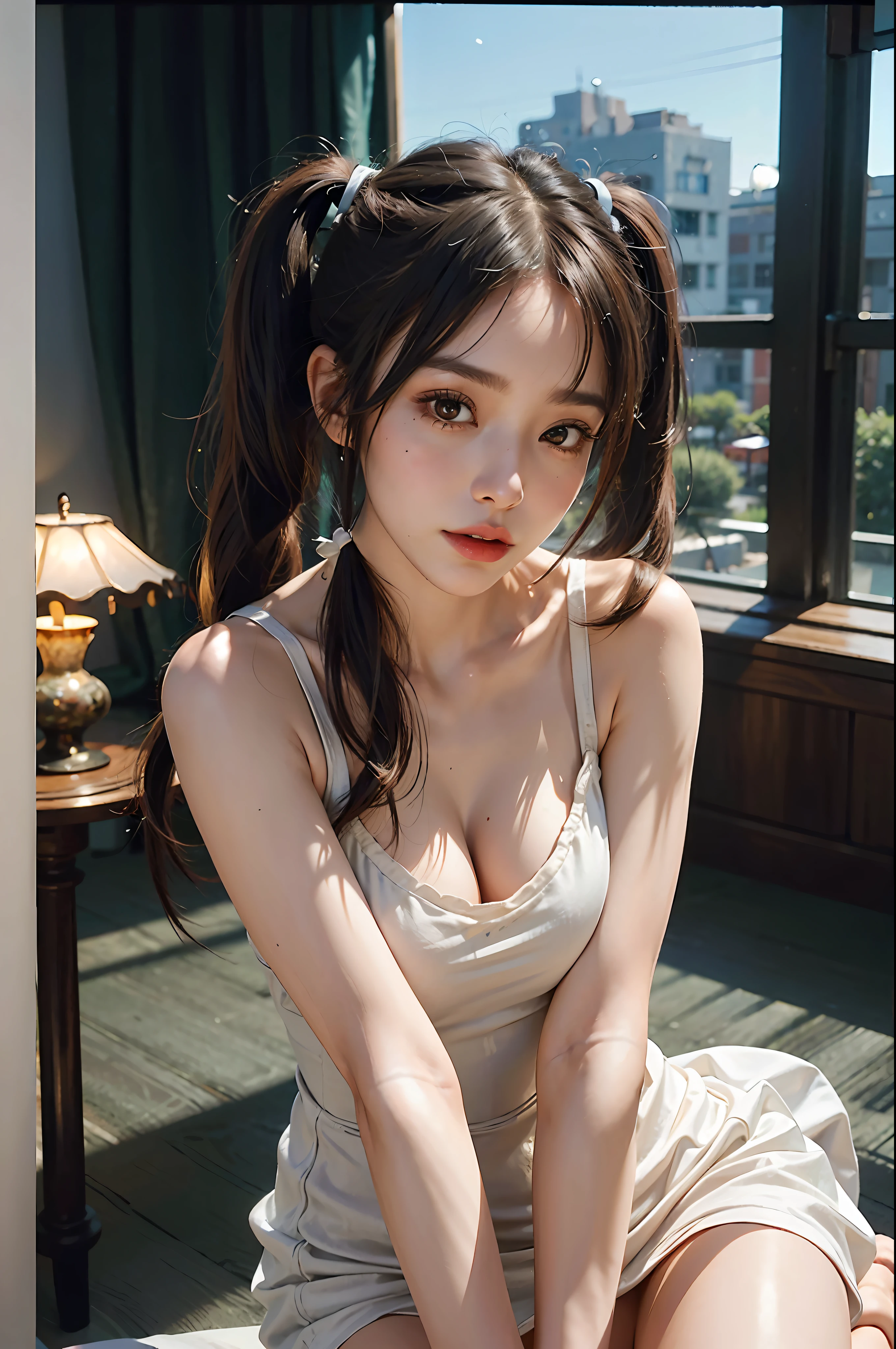 woman posing for a photo, (wearing deep_v-neck_dress, pigtail_hairstyle:1.3),
good hand,4k, high-res, masterpiece, best quality, head:1.3,((Hasselblad photography)), finely detailed skin, sharp focus, (cinematic lighting), night, soft lighting, dynamic angle, [:(detailed face:1.2):0.2],(((5 stars hotel))),