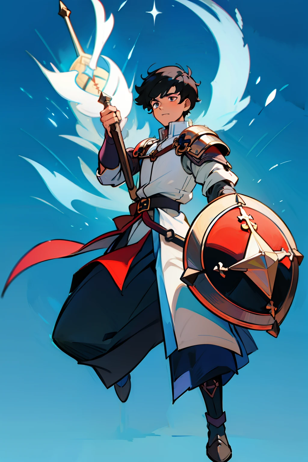 Anime character with a book and a large shield, on a blue background, cleric, male cleric, male cleric, pants, boots, armor image of a male cleric, short black hair, cleric, official art, official character art, bell cranel, official character illustration, rising of the shield hero naofumi, magic, sacred, Artwork - High quality - 8k ultra HD - Rendering - Ultra detailed.