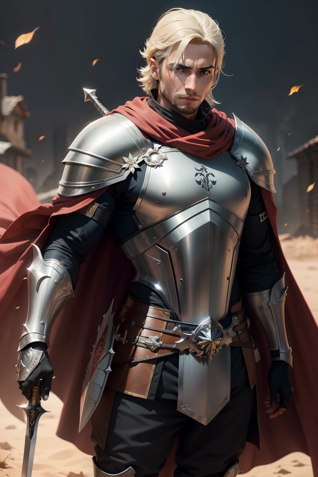 homem, guerreiro, hero, espada longa, armadura, alegre