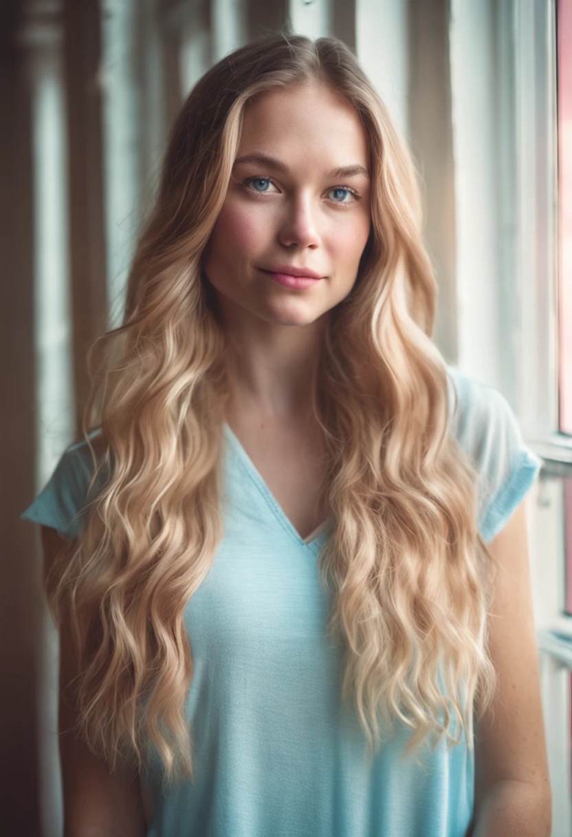 "Portrait of a stunning young woman with captivating light blue eyes and (slightly ombre:1.3) long hair in a beautiful combination of blonde and pink. The photo is taken indoors, illuminated by natural lighting, giving it a soft and warm feel. There is a subtle film grain effect, adding a touch of nostalgia to the image."