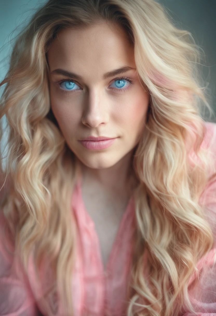 "Portrait of a stunning young woman with captivating light blue eyes and (slightly ombre:1.3) long hair in a beautiful combination of blonde and pink. The photo is taken indoors, illuminated by natural lighting, giving it a soft and warm feel. There is a subtle film grain effect, adding a touch of nostalgia to the image."