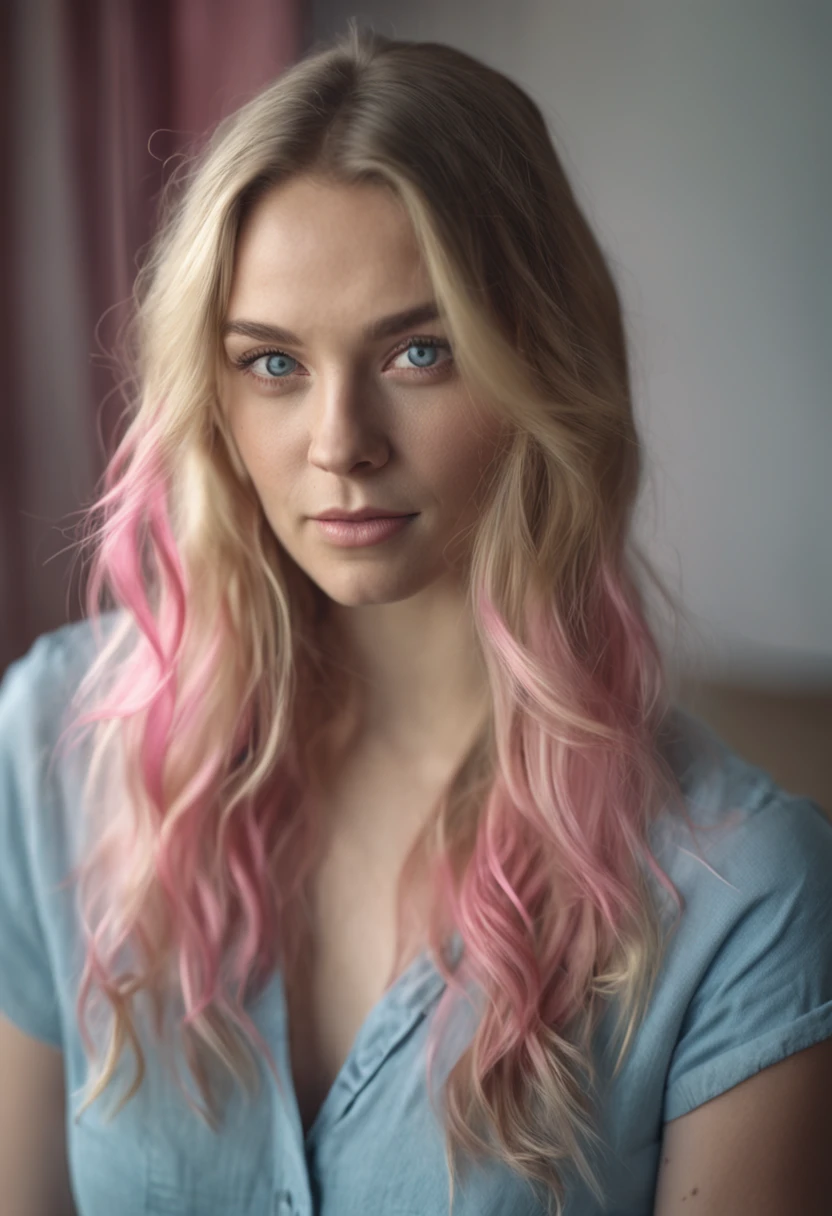 "Portrait of a stunning young woman with captivating light blue eyes and (slightly ombre:1.3) long hair in a beautiful combination of blonde and pink. The photo is taken indoors, illuminated by natural lighting, giving it a soft and warm feel. There is a subtle film grain effect, adding a touch of nostalgia to the image."