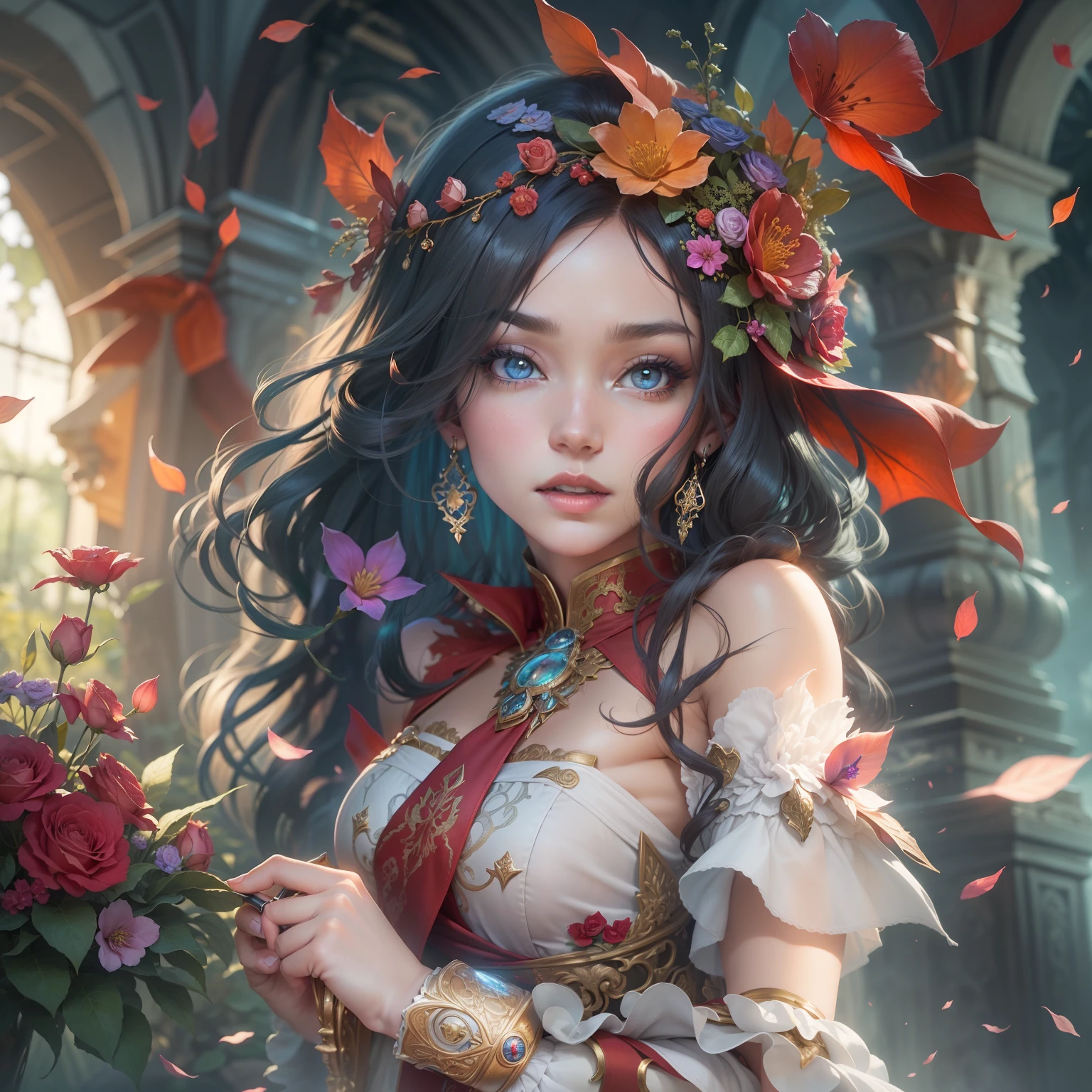 (masterpiece, Top quality, best best quality, Official art, Beautiful and Aesthetic:1.2), (1girl:1.3), (Fractal Art:1.3), yoru, 1girl, Long Hair, Dark Hair, Red eyes, scar on face, ringed eyes, (pinafore dress, black belt, black ribbon), night city, luminous signs, up-physically, looks at the viewer
