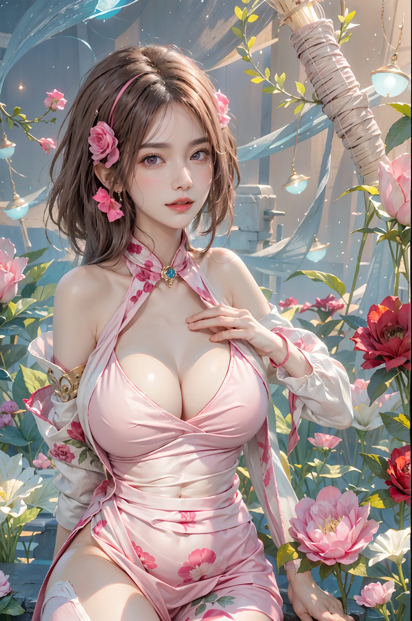 1women, ibaraki kasenx, tabard,  tabard, sideboob, pink rose, floral pattern, delicate face, deep pink eyes, light smile, maturle, large breasts, moky