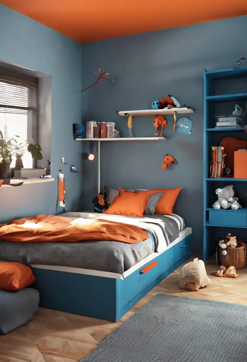 A beautiful bedroom for children,blue colors,orange colors,,Gray floor tiles,Beds,wardrobe,modernsimplicity
