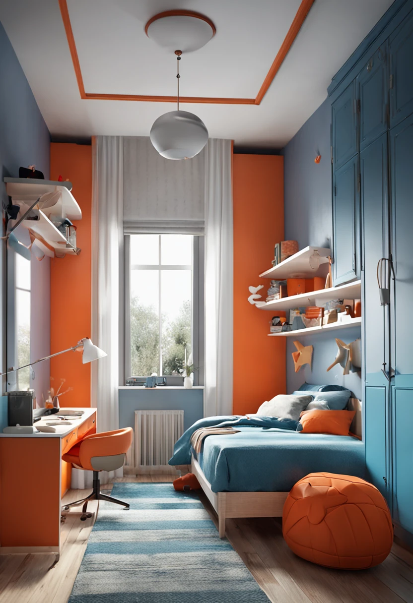 A beautiful bedroom for children，blue colors，orange colors，，Gray floor tiles，Beds，wardrobe，modernsimplicity