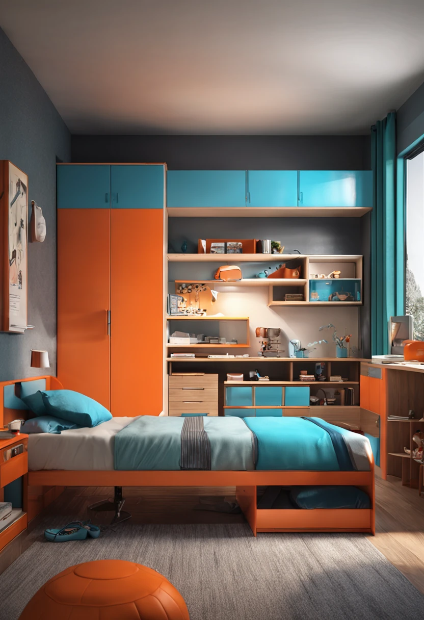 A beautiful bedroom for children,blue colors,orange colors,,Gray floor tiles,Beds,wardrobe,modernsimplicity