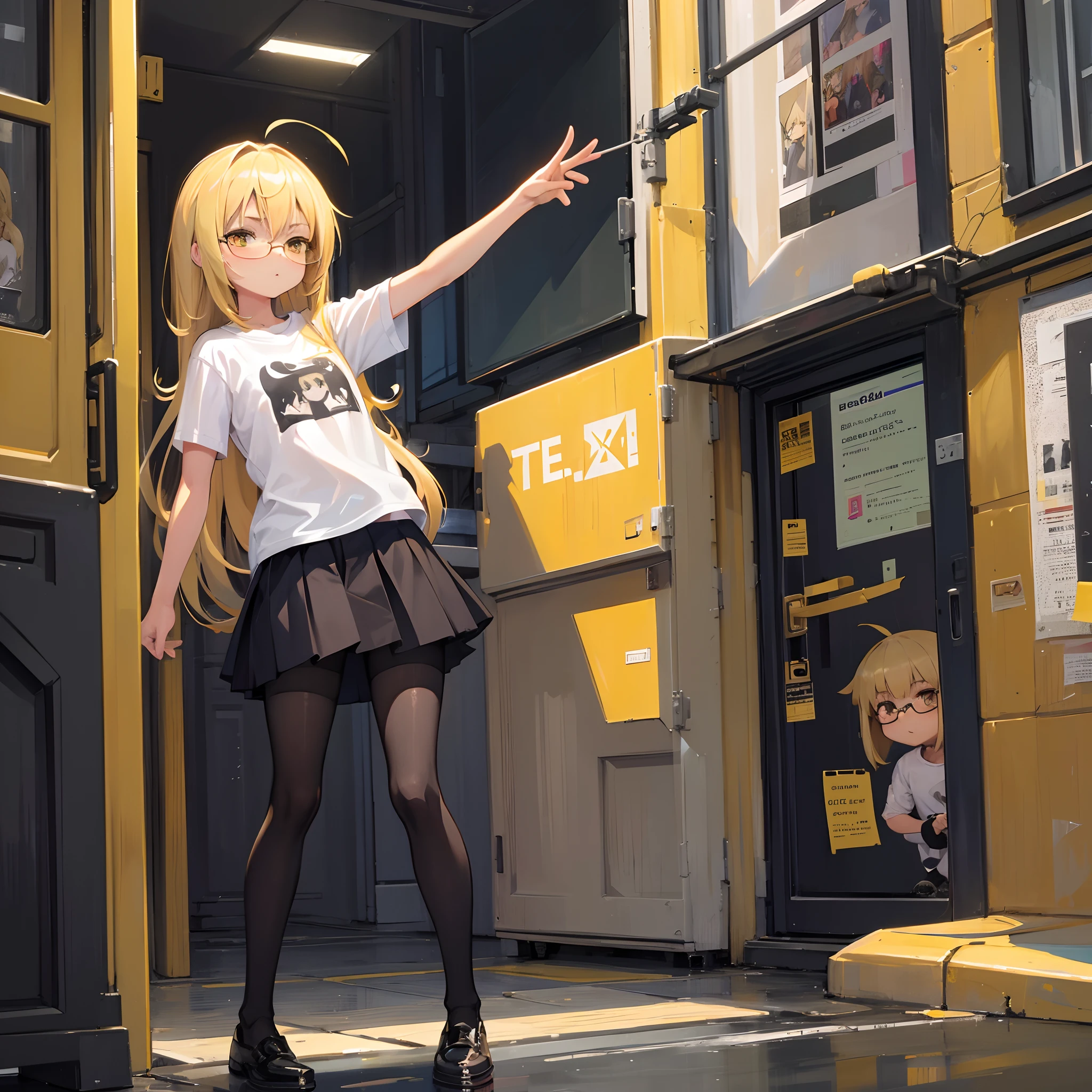 1girl, blonde hair, yellow eyes, t-shirt, ((petite)), ((loli)), ((young)), skirt, pantyhose, glasses