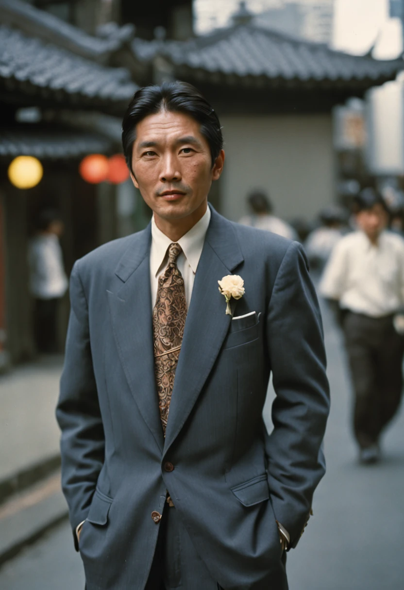 color film photograph, asian man, 1980s Tokyo, suit,