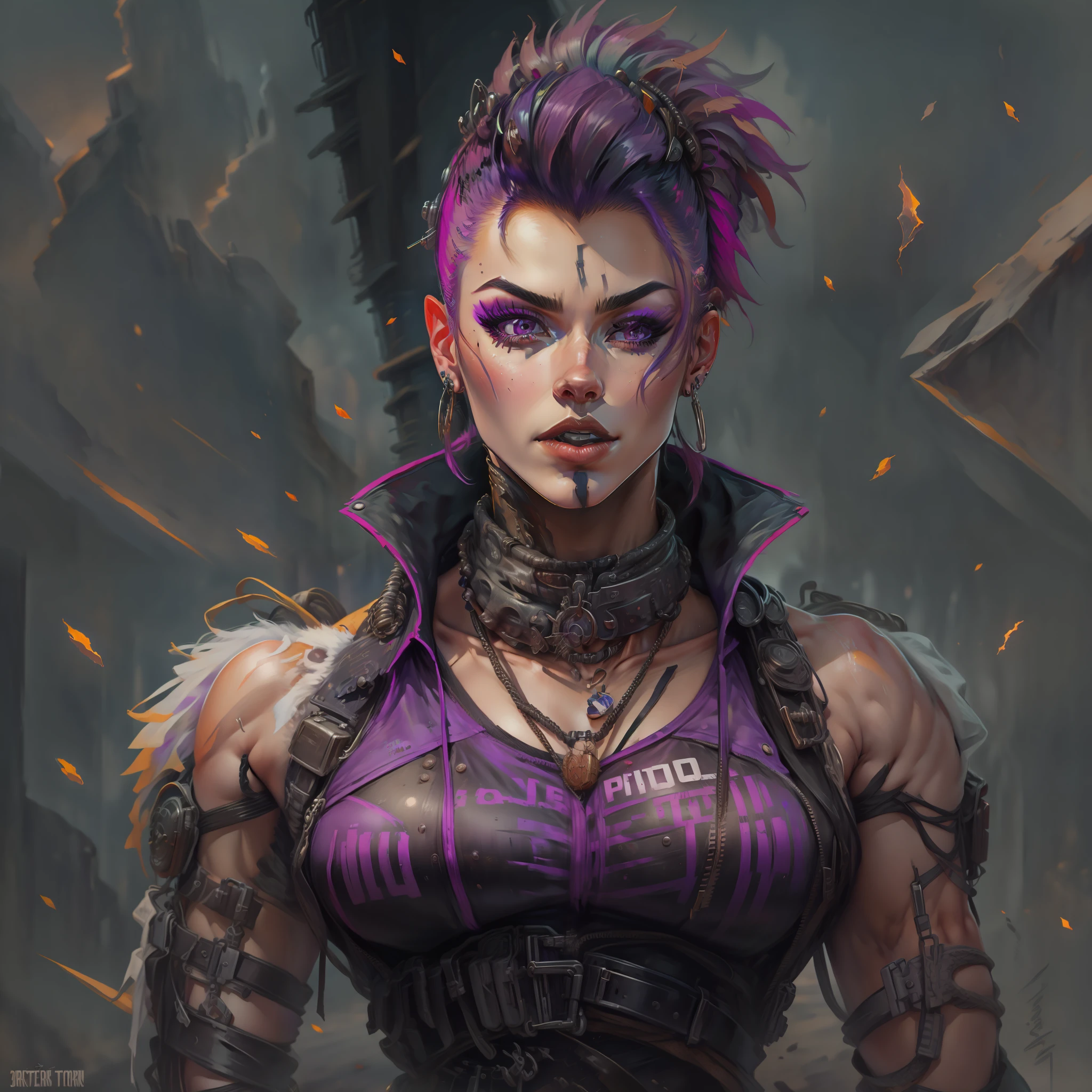 female with short shaved purple hair, villain, wearing casual desert punk clothing, has lower lip stud piercings, muscular, abs visible, wearing metal collar, has muscled, wearing black lipstick, amazonian, has large muscles