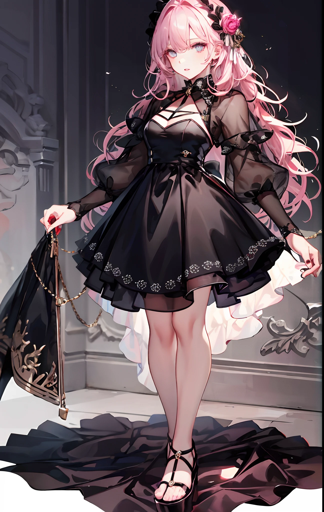 1 noblewoman，a matural female，Black dress long dress，Black stockings beautiful legs+，heeled sandals，Pink White Long Hair， Perfect body， s the perfect face， perfect hand， Perfect Finger， Perfect lips， perfect  eyes， Perfect background